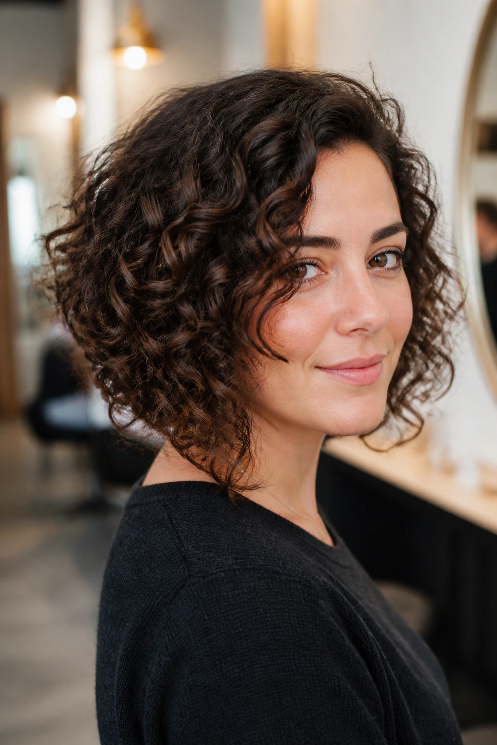 Real person with A-line curly bob showing shorter back and longer front