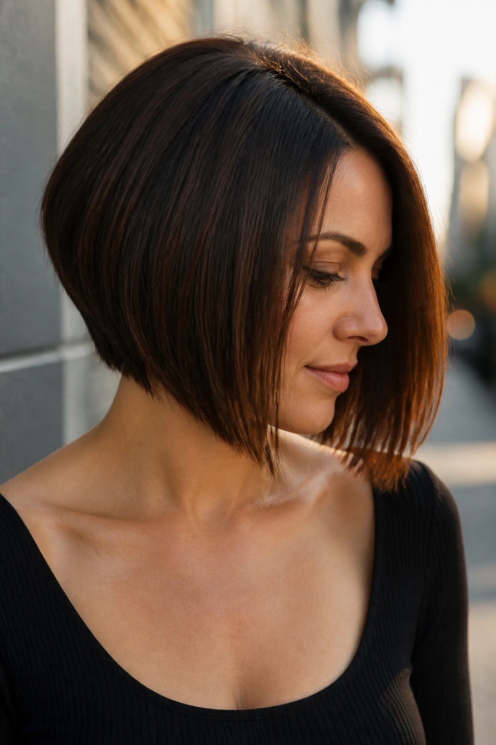 Close-up portrait of a real woman with A-line bob and forward angle