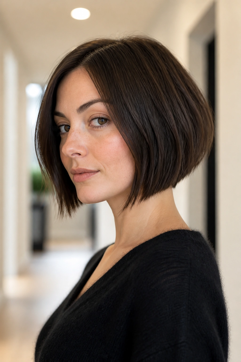 Medium close-up of a woman with an A-line French bob forward angle.