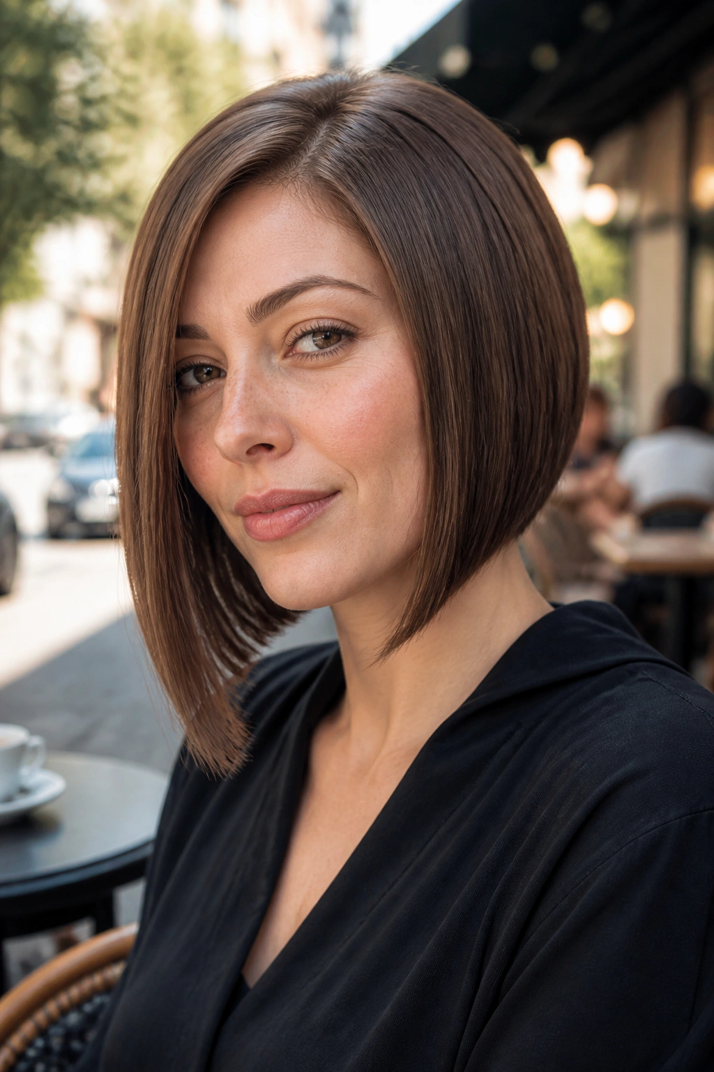Real woman with A-line Italian bob featuring a longer front