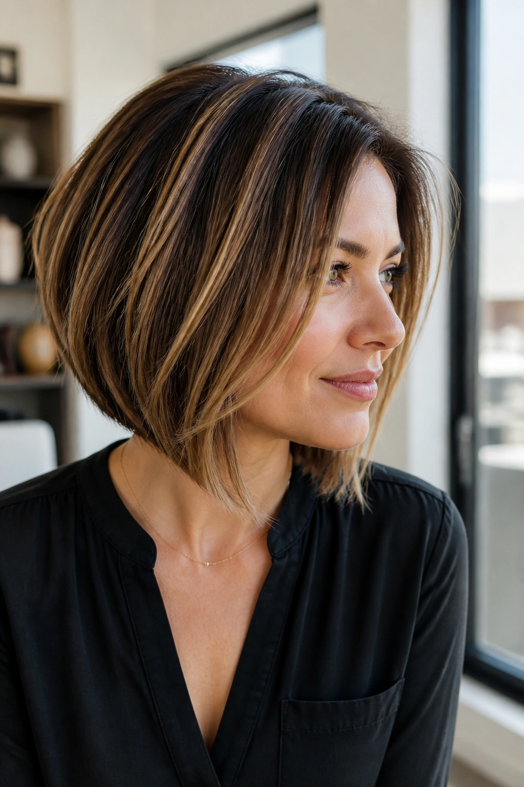 Close-up of a real woman with an A-line layered bob in natural light