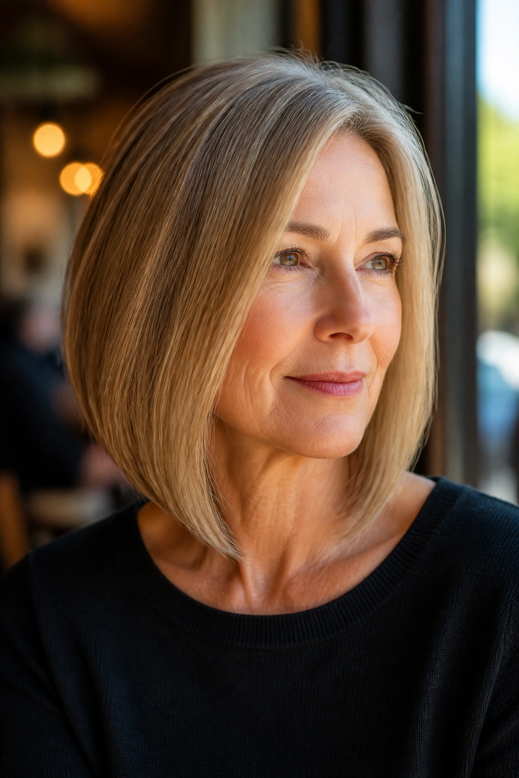 Close-up of older woman with soft A-line lob in warm cafe light