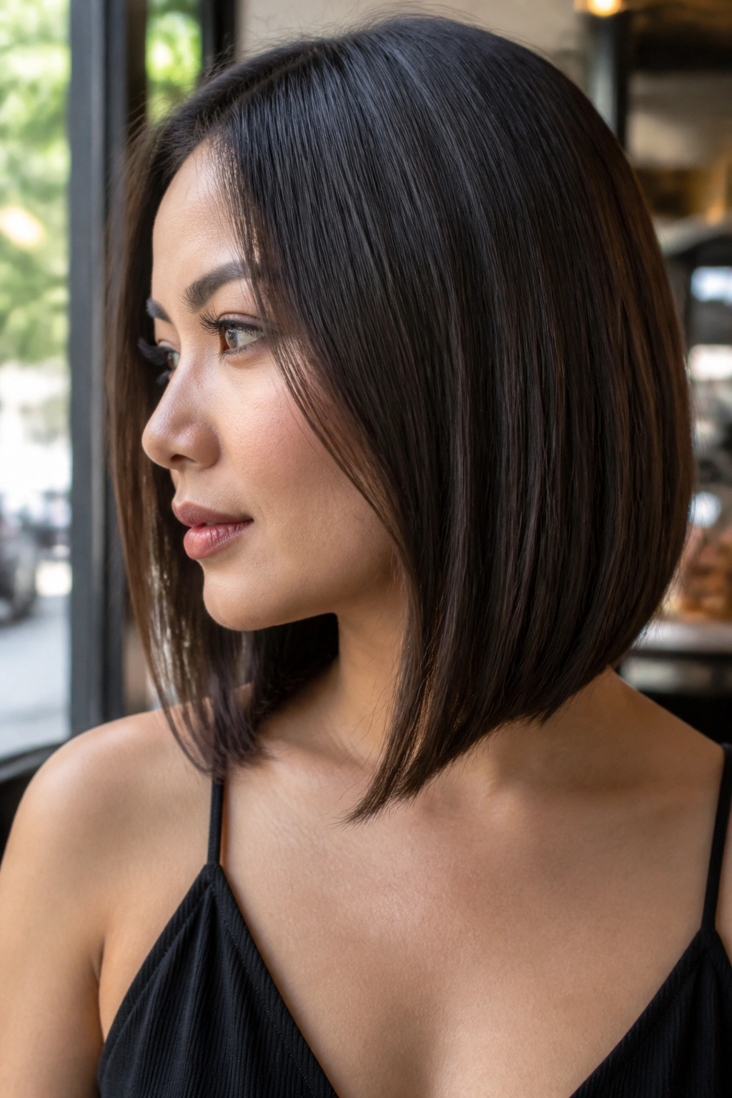 Close-up of a real person with an A-line lob brushing the collarbone in natural light