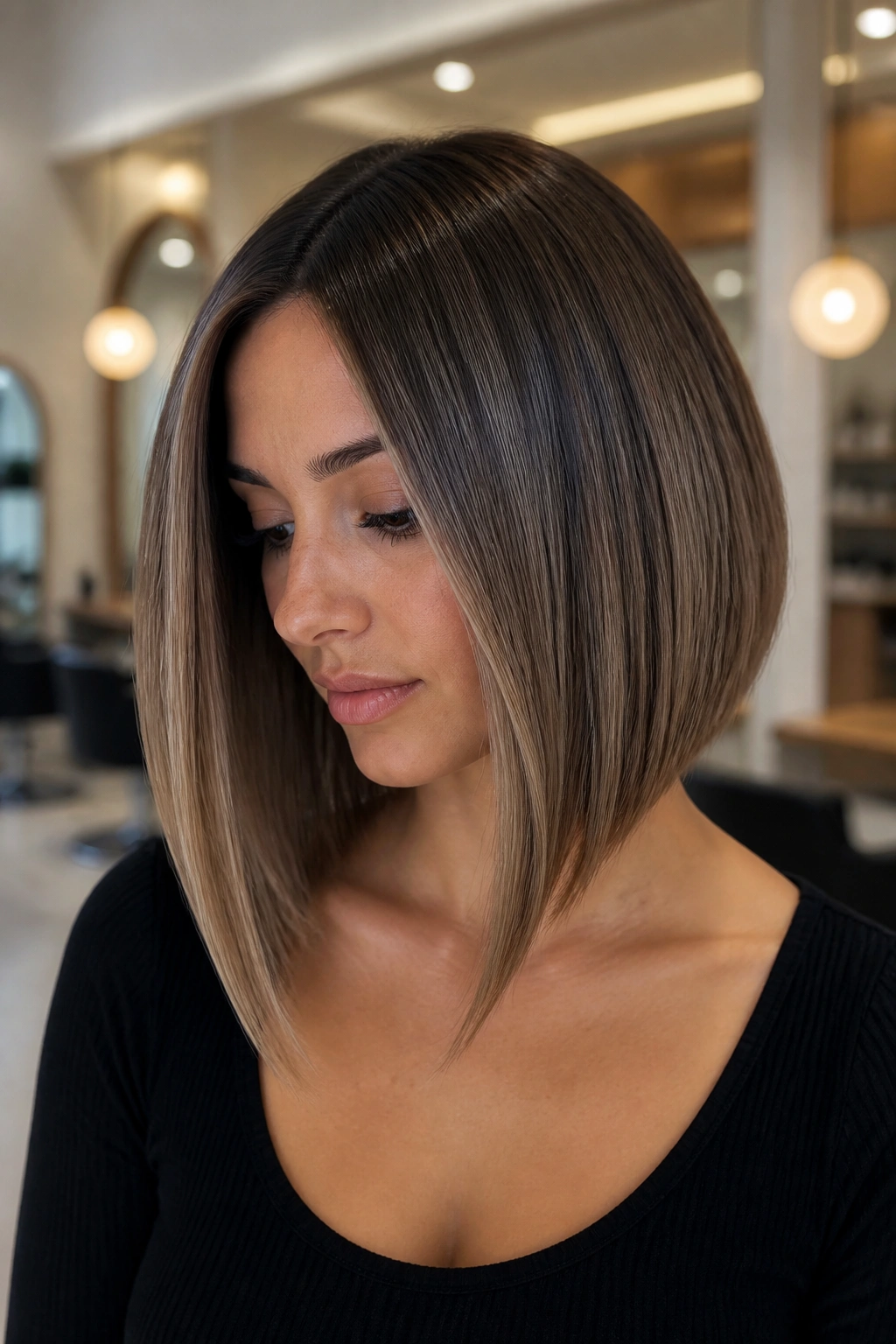 Close-up of a real woman with an A-line lob showing front pieces and angled back.