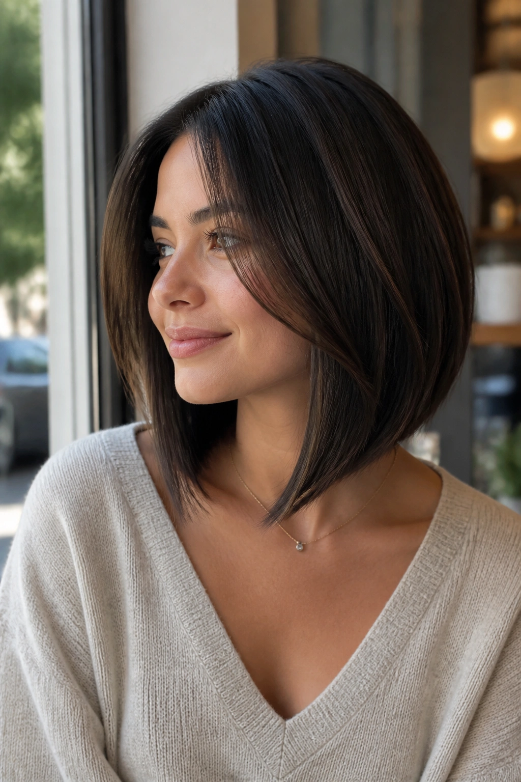 Real woman with an A-line lob and tapered front pieces