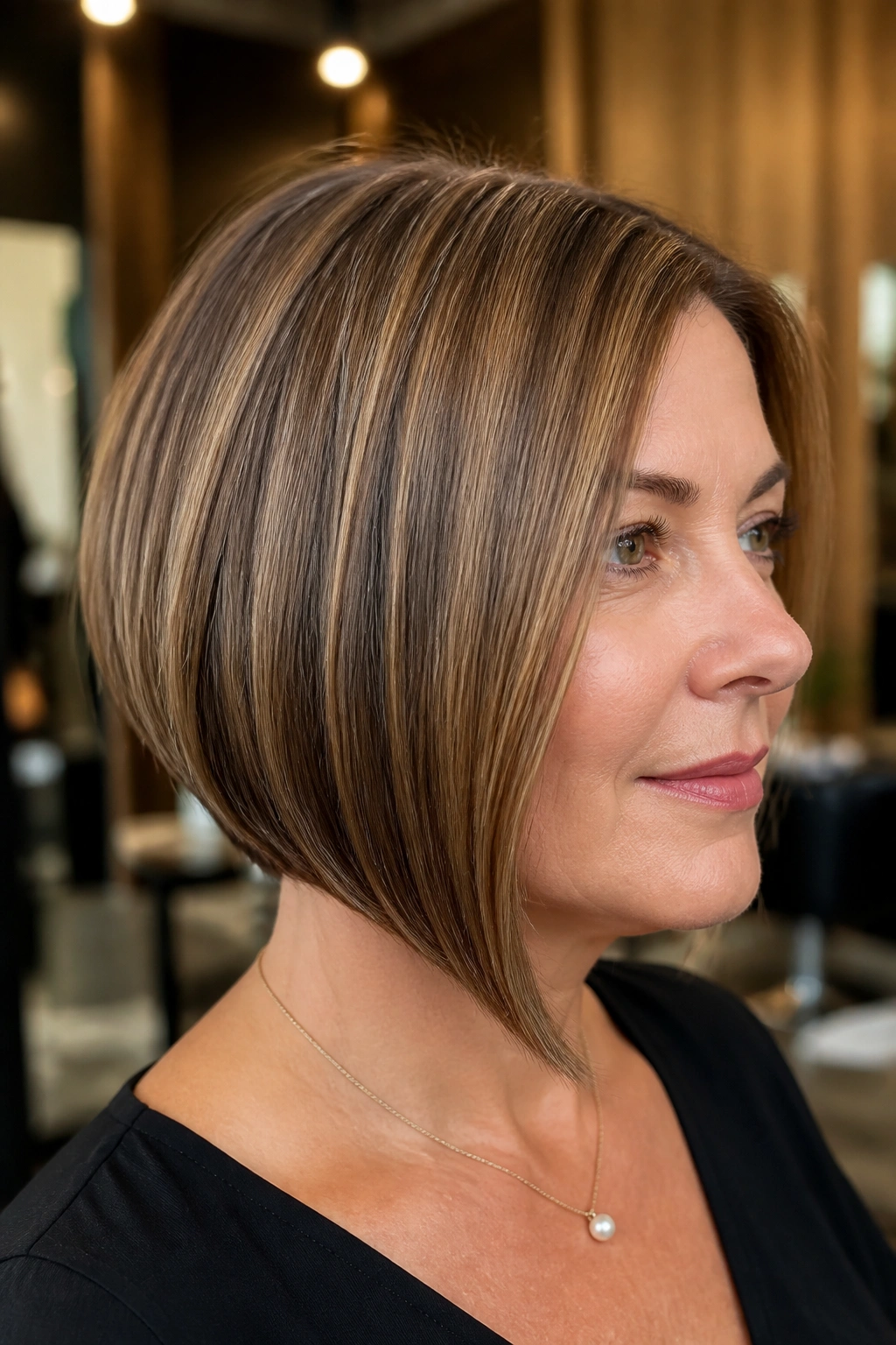 Portrait of a woman with an A-line neck-length bob featuring a longer front.