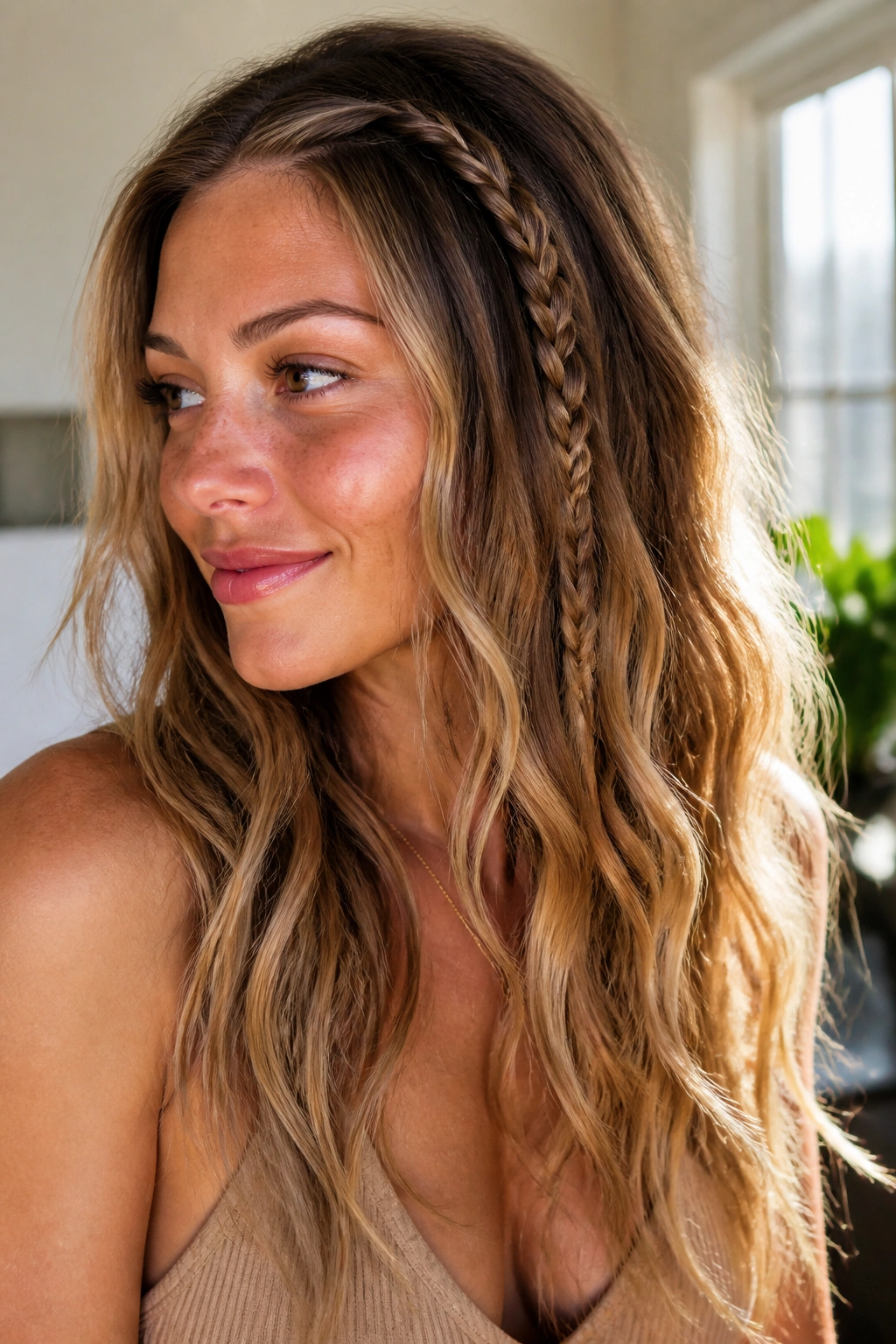 Close-up of a real woman with a small accent braid blending into beachy waves