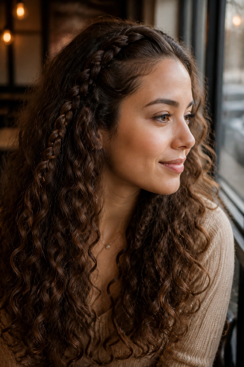 Portrait of a woman with an accent braid in open curls.
