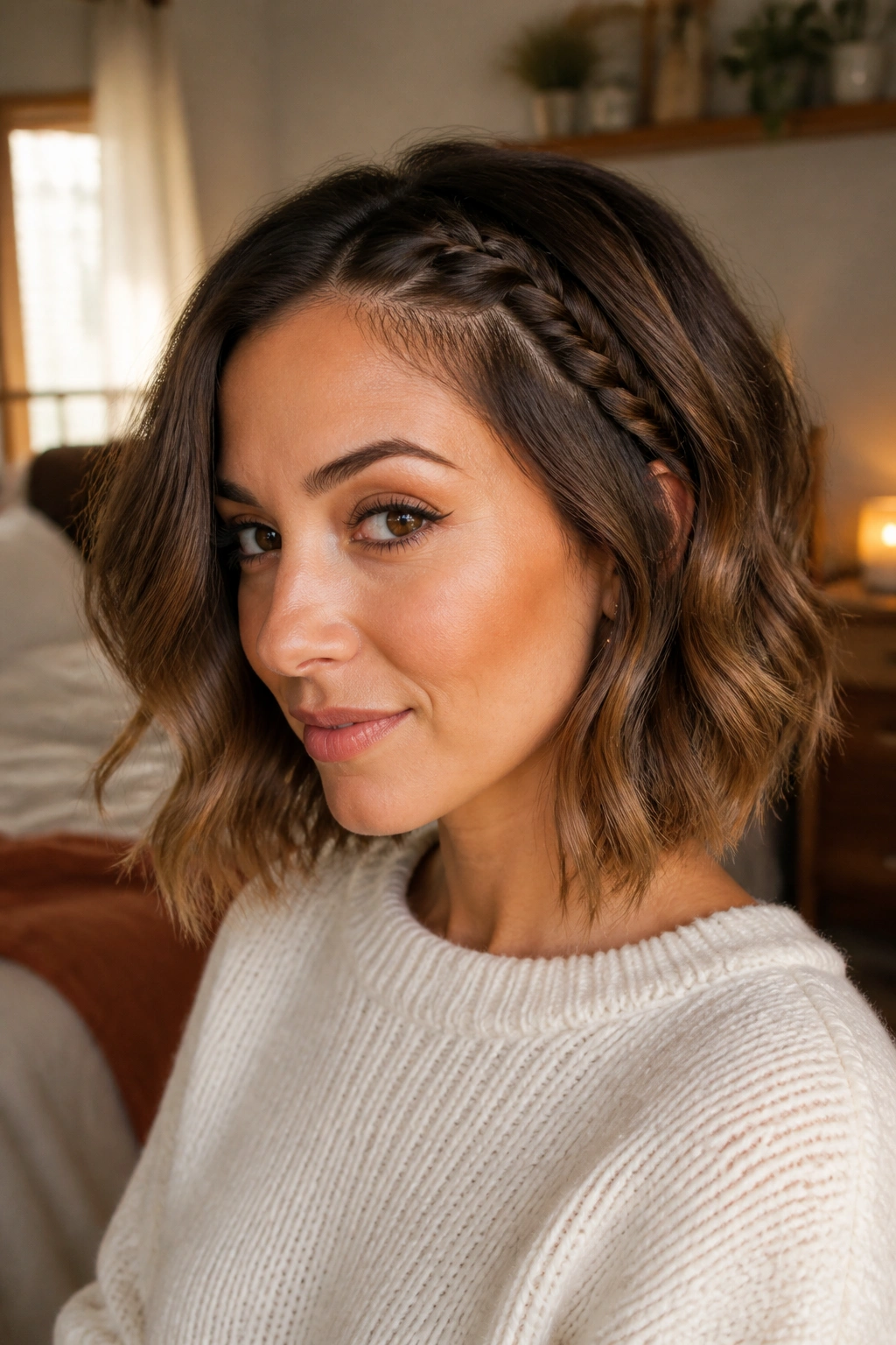 Real woman with an accent braid and loose waves on a bob