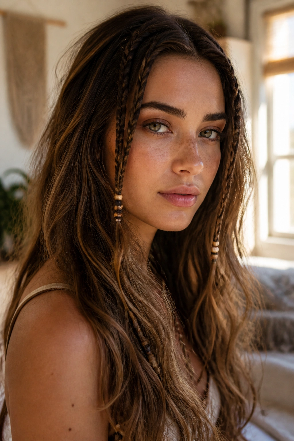 Close-up of a real woman with tiny accent braids and beads at temples in warm window light