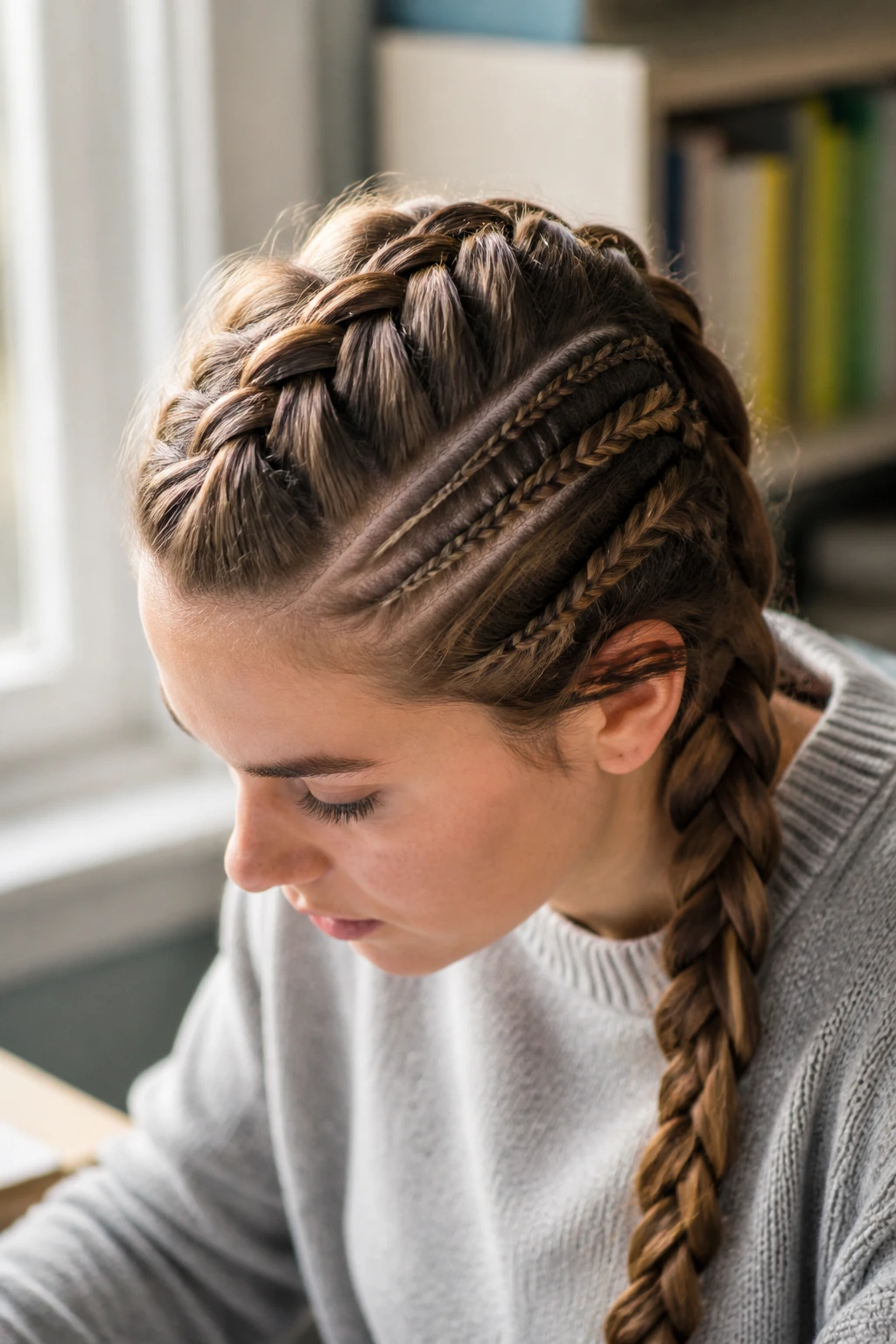 Close-up of a real person with Dutch braid and tiny accent braids near the part
