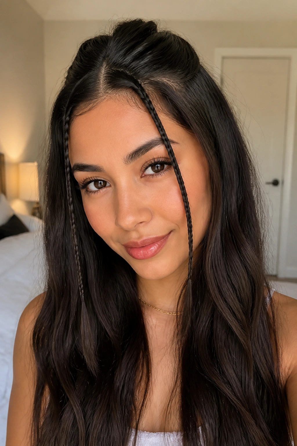 Close-up of a real person with two tiny front accent braids styling a half-up look