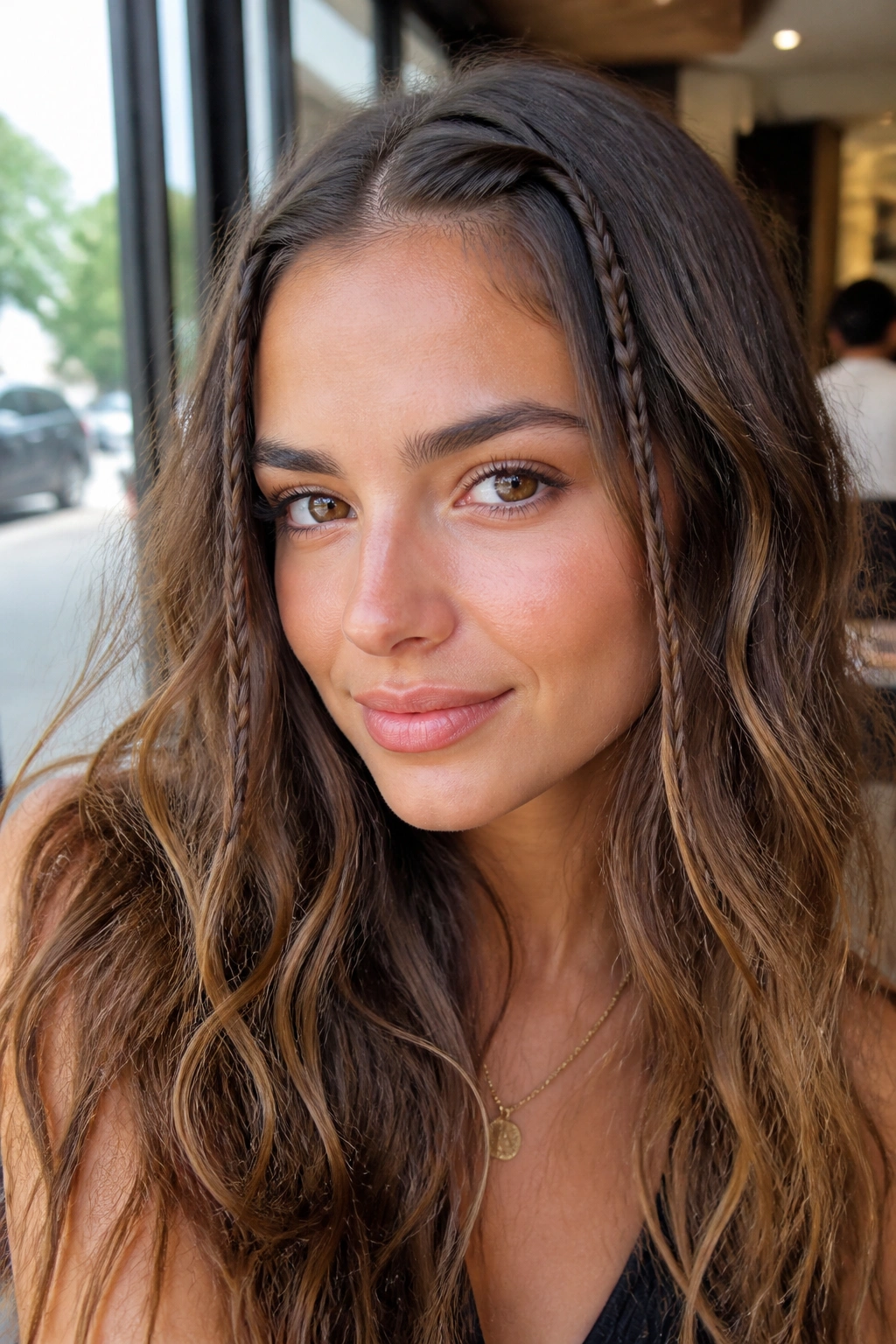 Close-up of a real woman with two tiny front braids framing the face