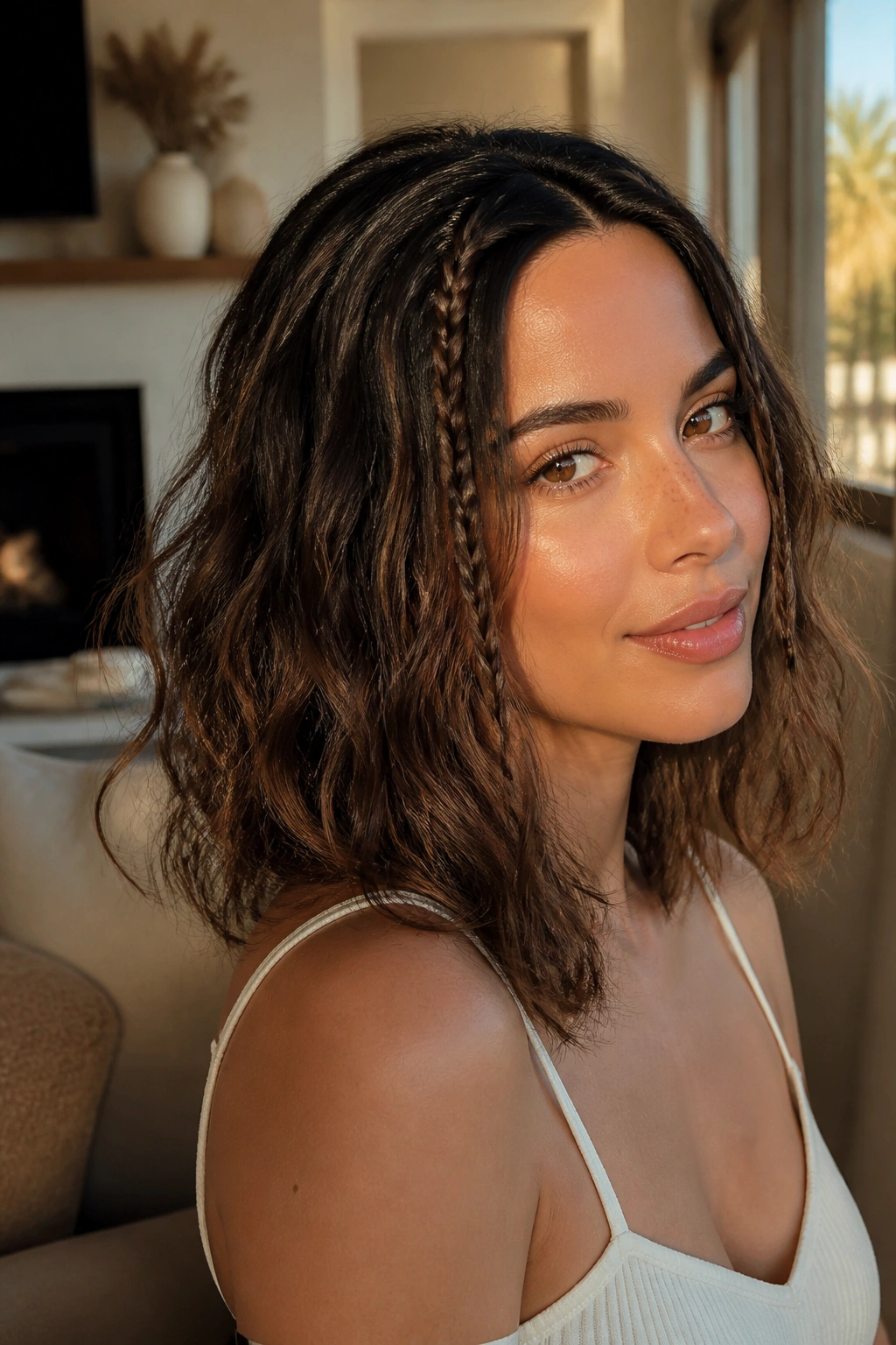 Woman with tiny accent braids woven into loose waves, close-up
