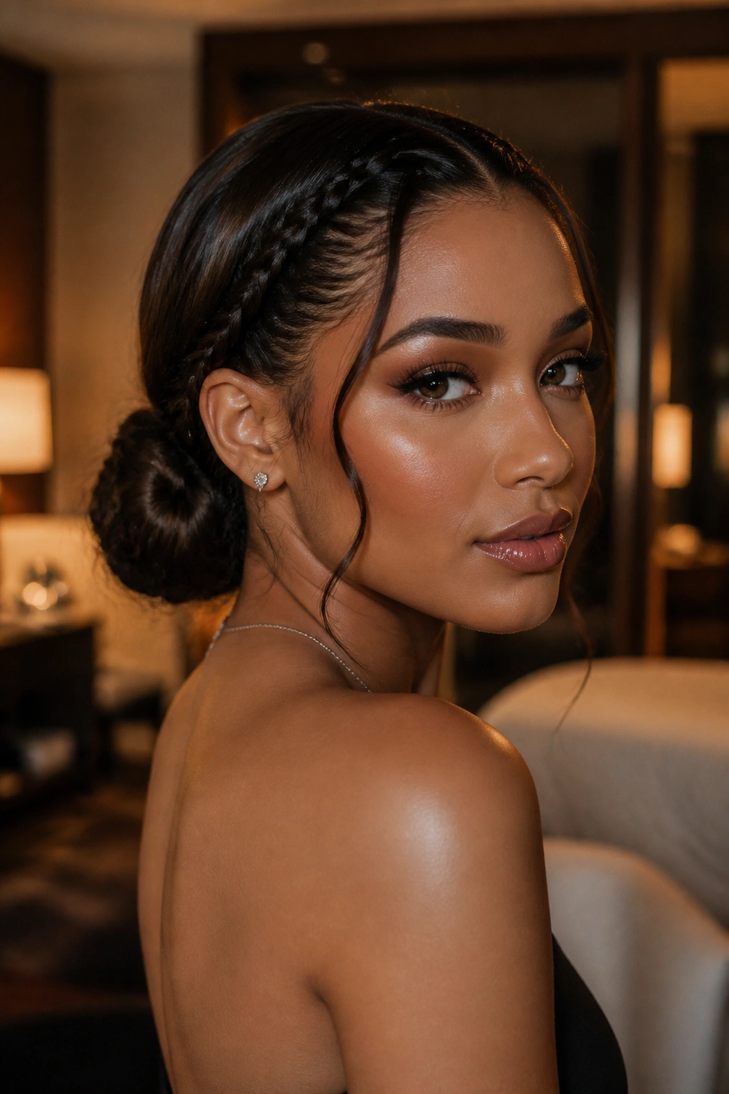 Real woman with accent braids into a low bun in a luxurious interior