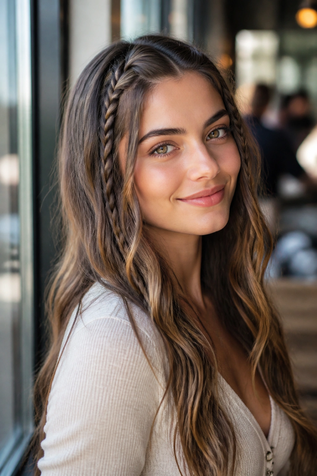 Close-up of a real woman with two skinny Dutch braids at temples and loose waves