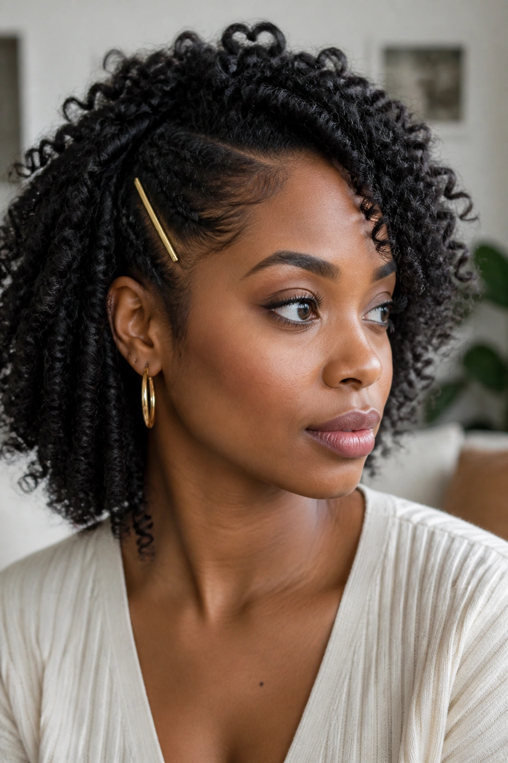 Close-up portrait of a real woman with an accessorized twist-out and a single gold barrette.
