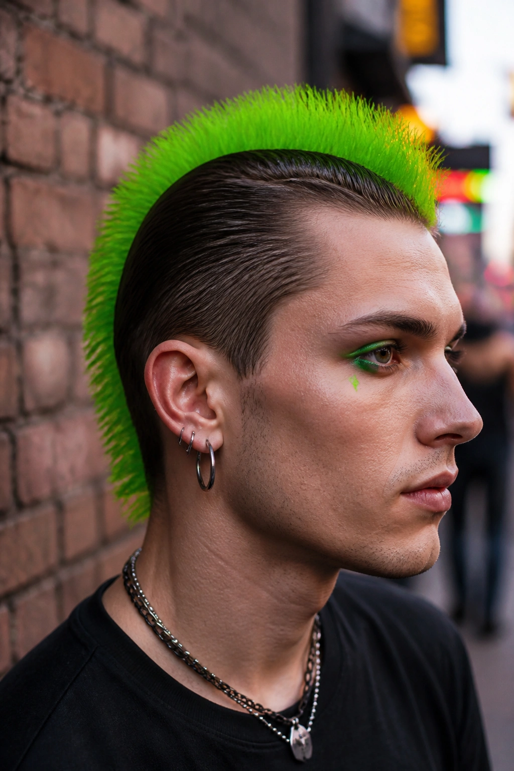 Close-up of a real person showing an acid green mohawk stripe with slicked sides
