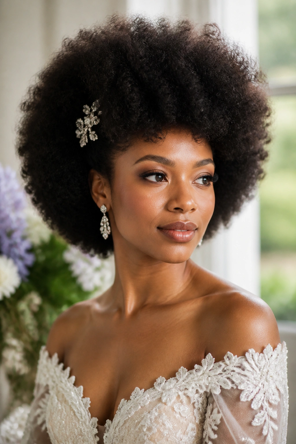 Close-up of a bride with a voluminous Afro bridal shape under soft natural light