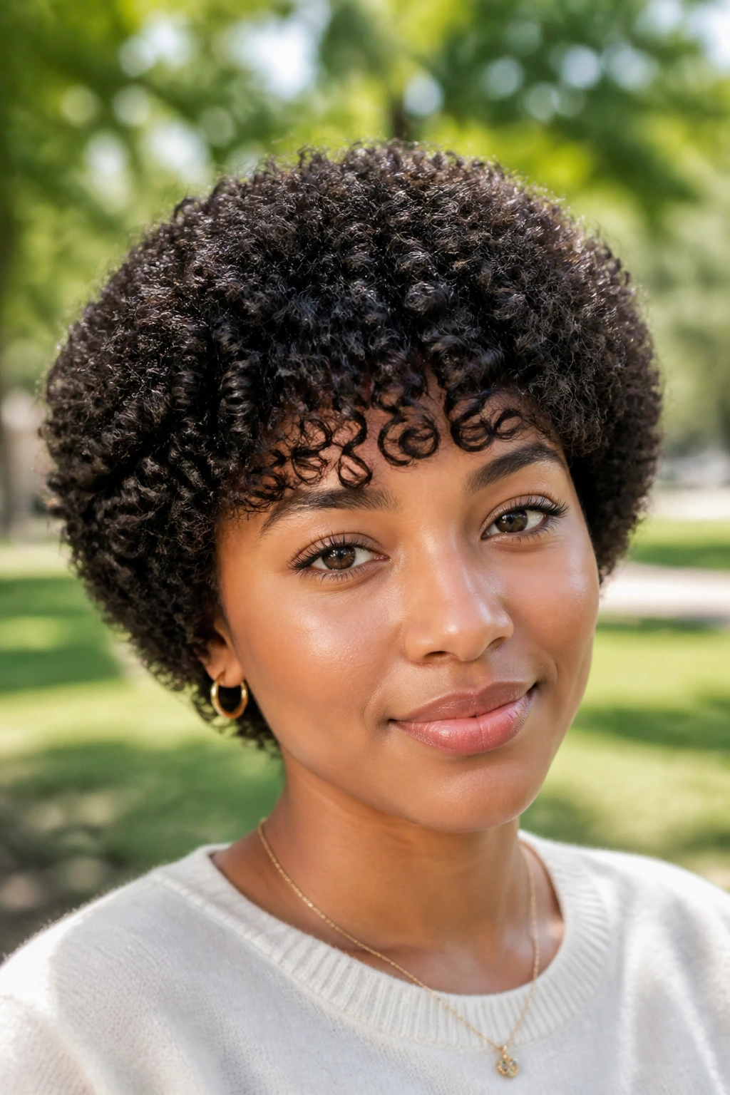 Close-up of rounded Afro-texture crop with curly fringe on a real person outdoors