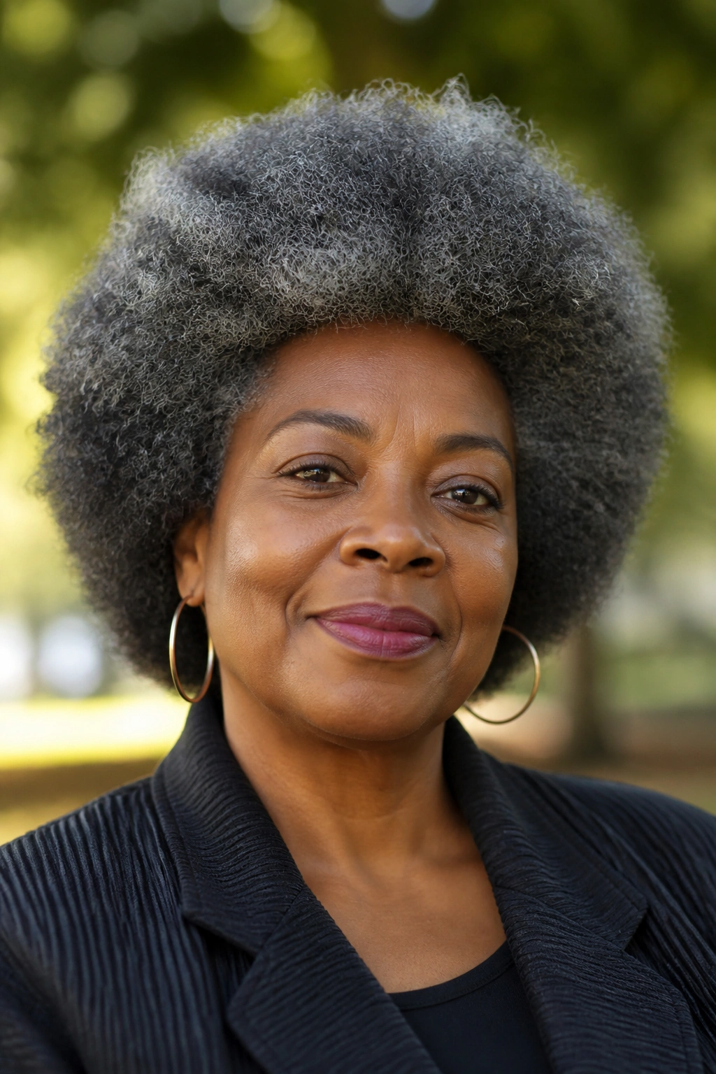 Close-up of a woman with a natural grey afro shape and silver strands