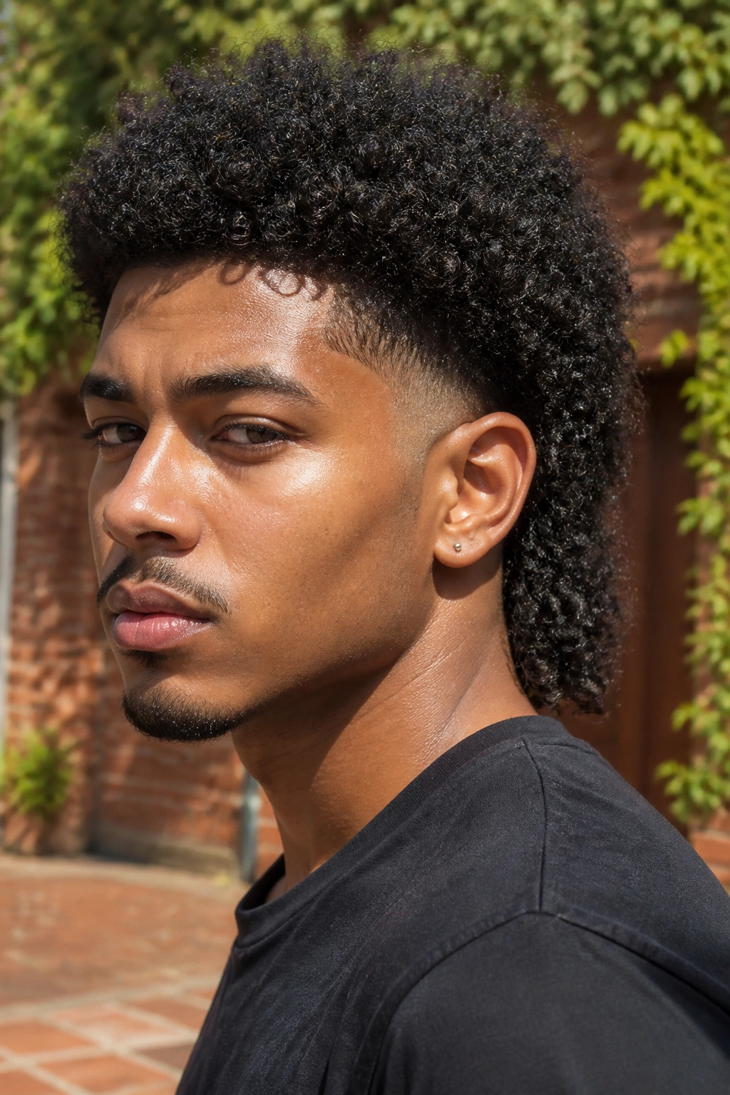 Close-up of a man with an Afro mullet in a sunlit brick courtyard.