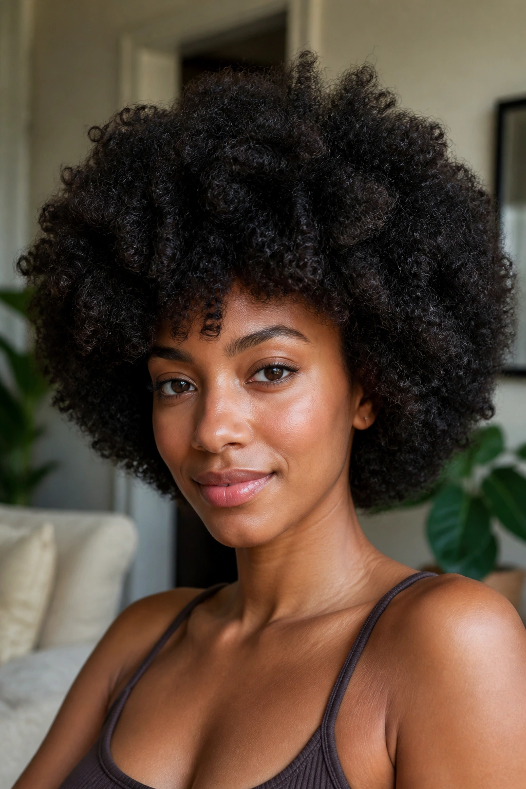 Close-up portrait of a real person with a full rounded Afro