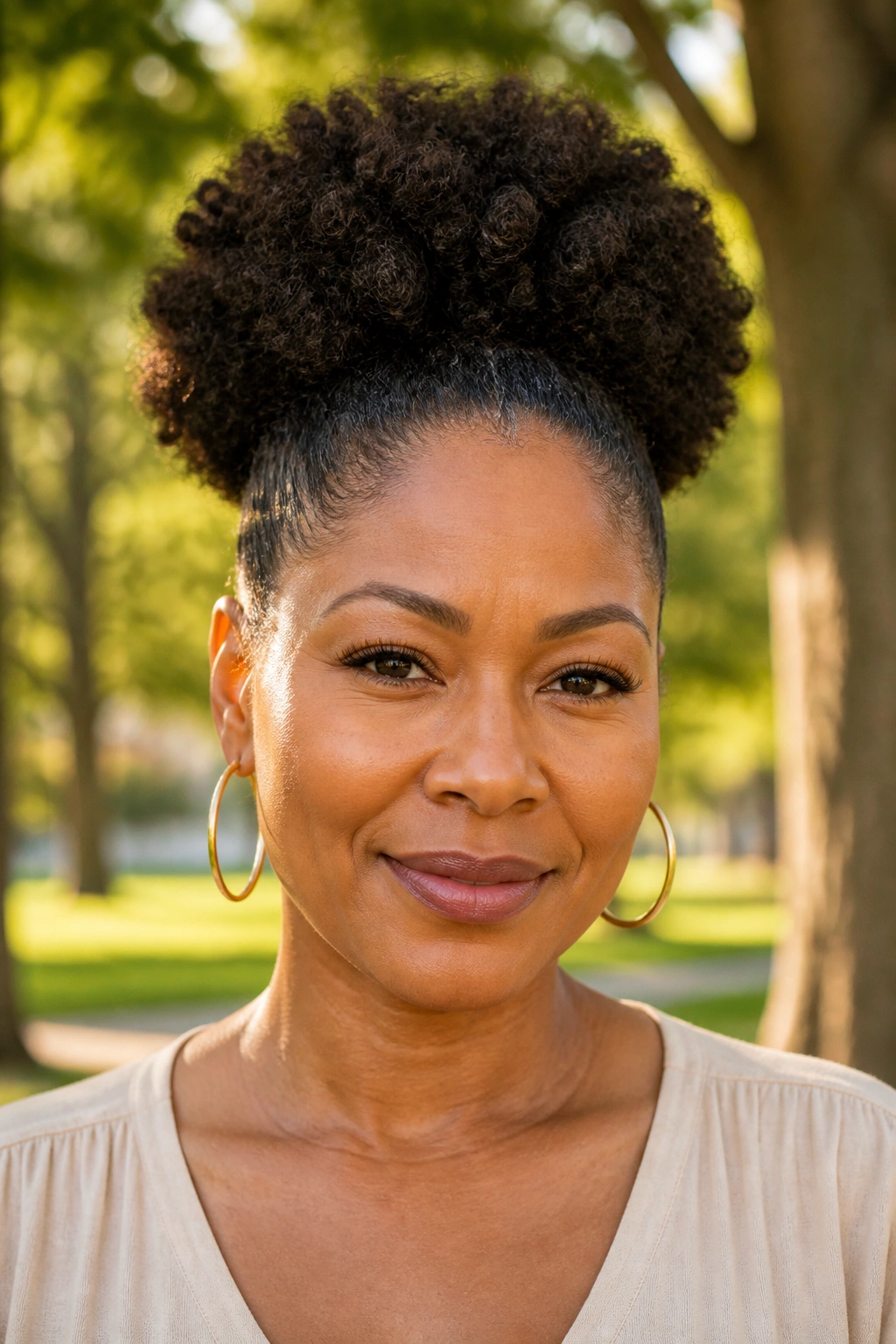 Close-up of a woman with a classic afro puff in a sunny park