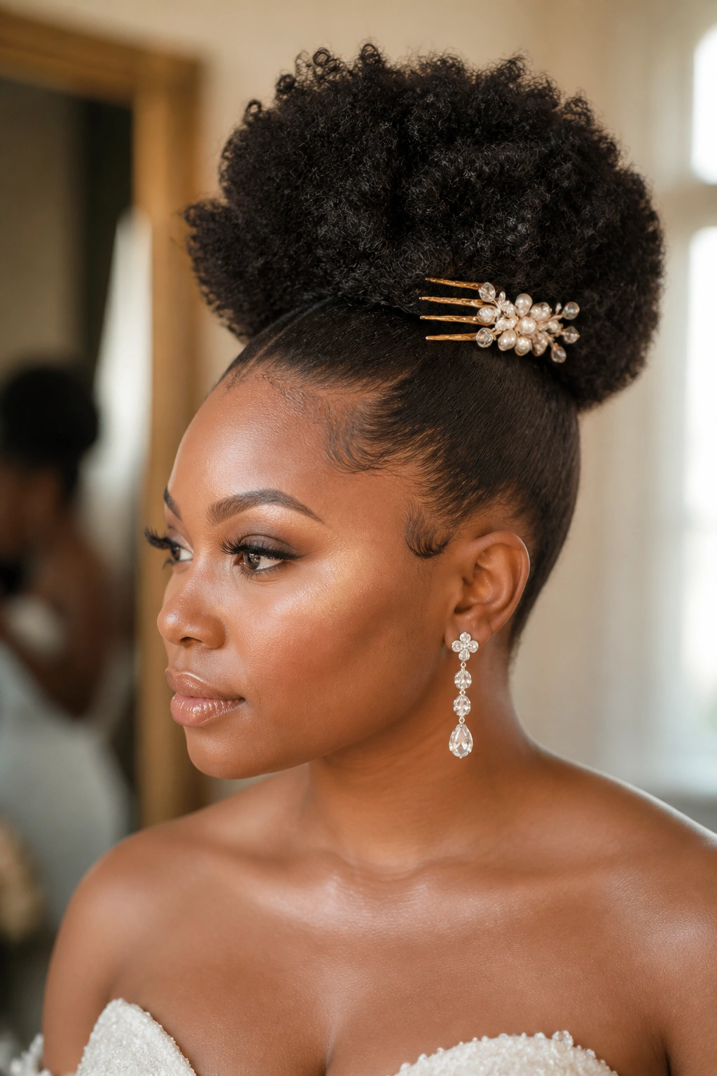Close-up of a real woman with a sculpted Afro Puff and a statement comb in a bridal suite