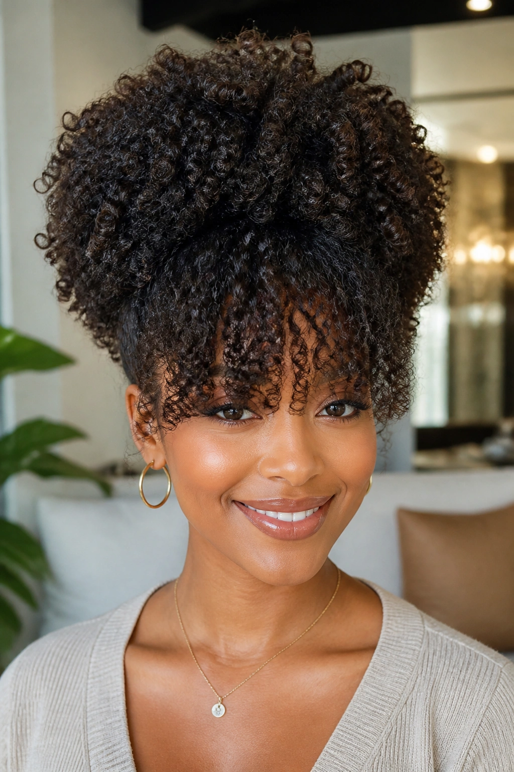 Close-up of a real woman's head with an Afro Puff crown and full bangs