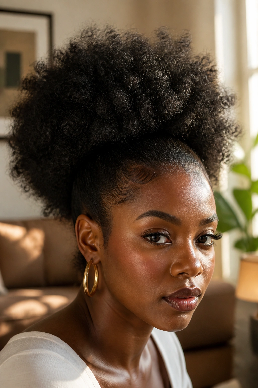 Close-up of a woman with a picked-out Afro Puff creating a soft halo in warm indoor light