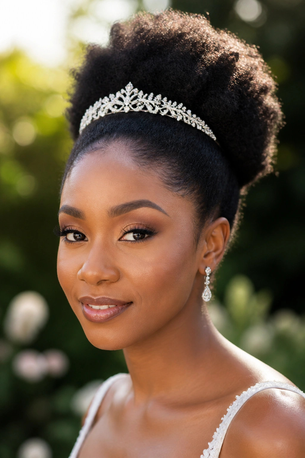 Close-up of a real bride with natural afro puff and tiara band