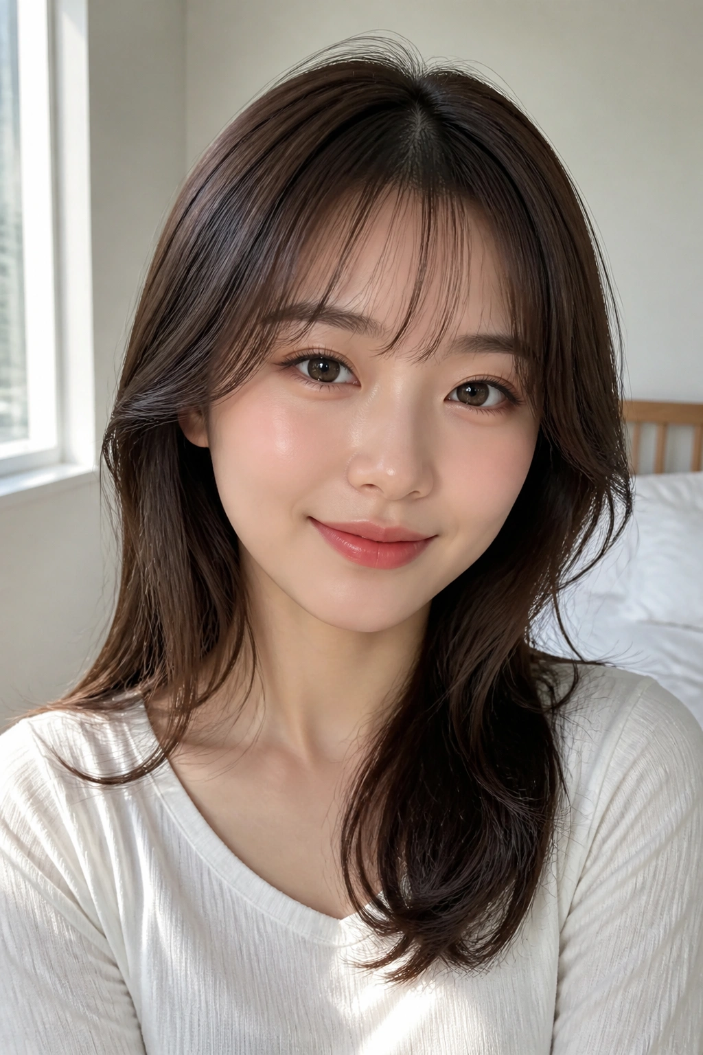 Close-up portrait of a real woman with translucent Korean air bangs.
