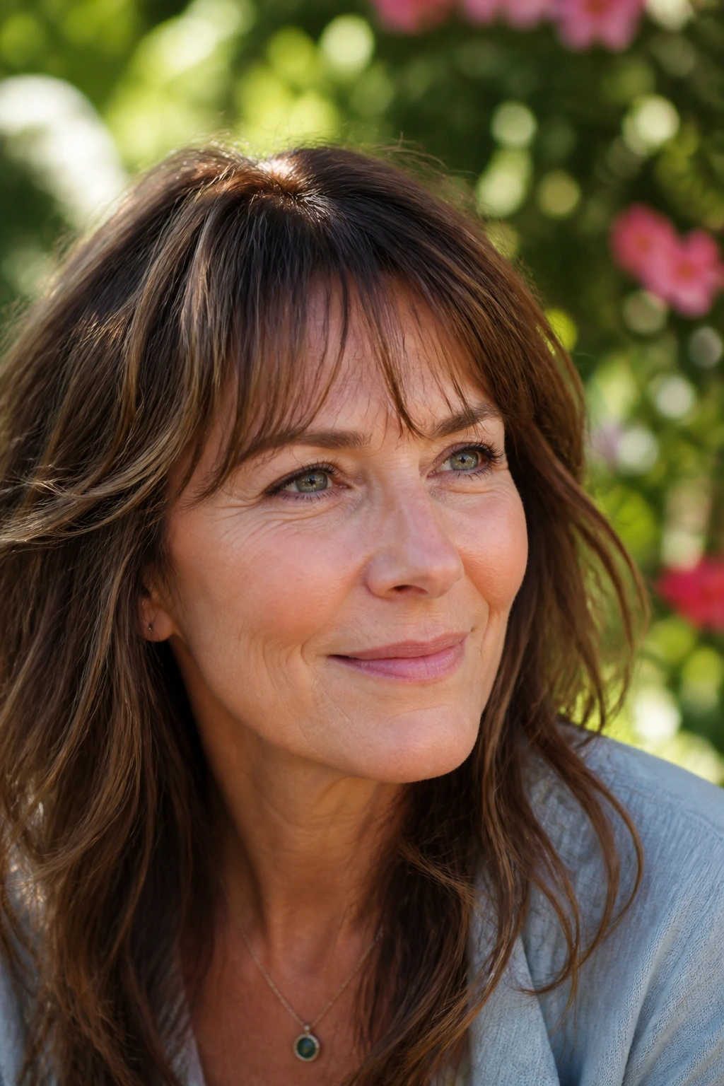 Close-up portrait of a real woman with air-dried bangs and natural texture in sunlight
