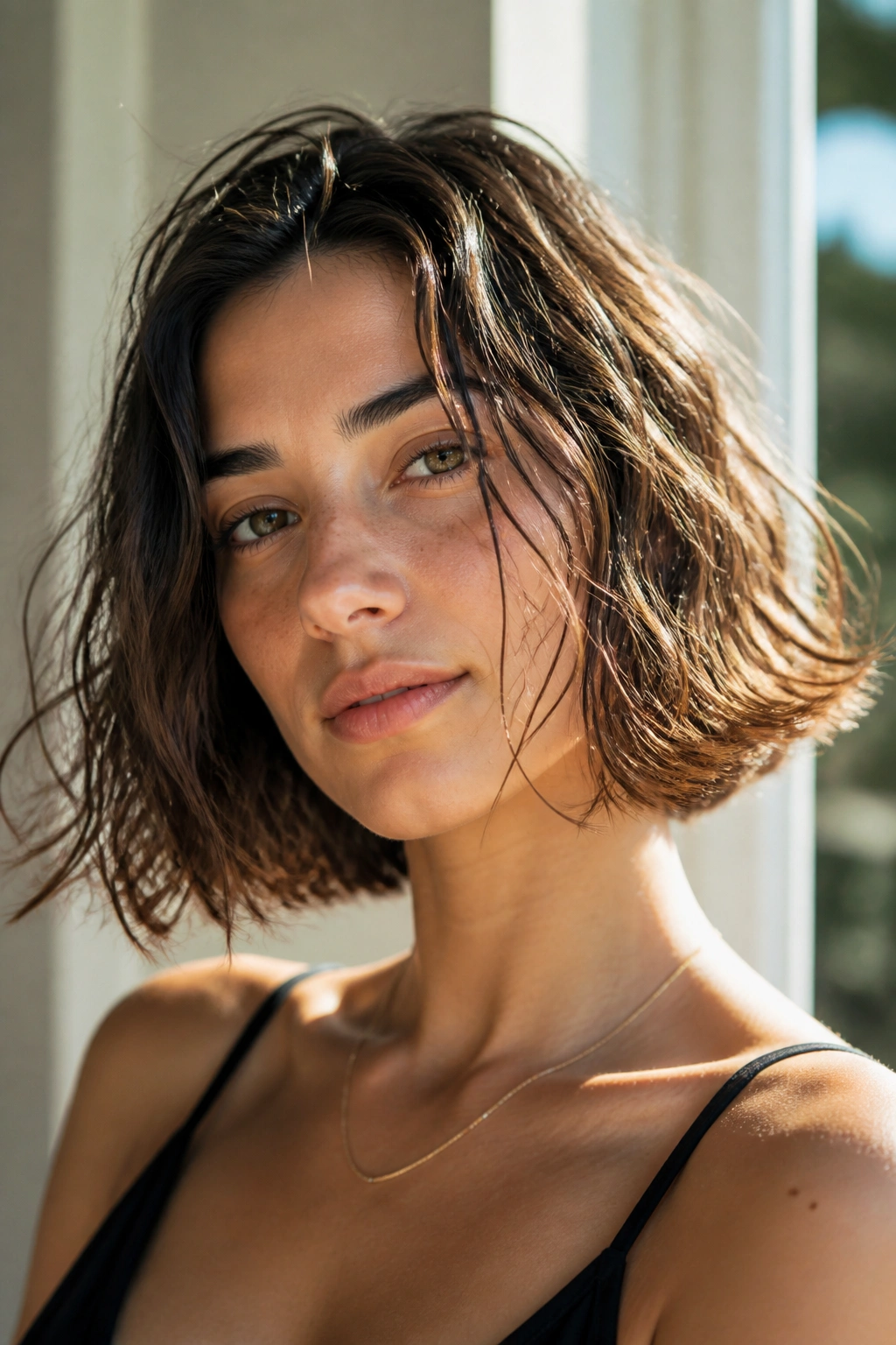 Close-up portrait of a real woman with an air-dried beachy bob in natural daylight.