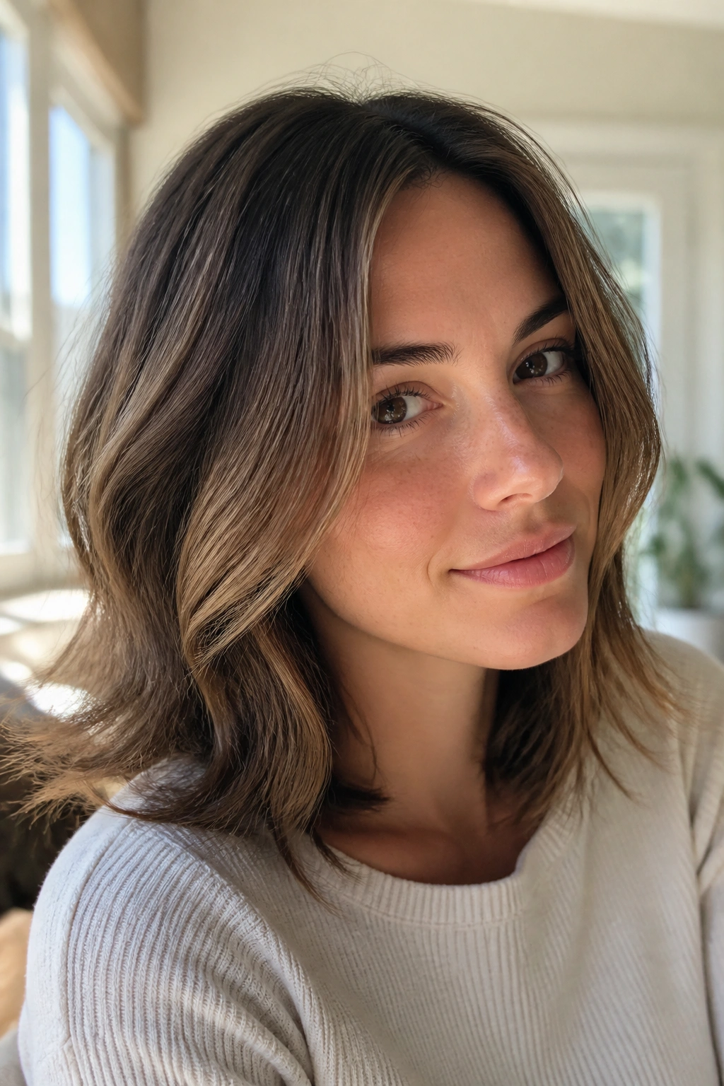 Close-up portrait of a real woman with natural air-dried bend in hair under soft morning light
