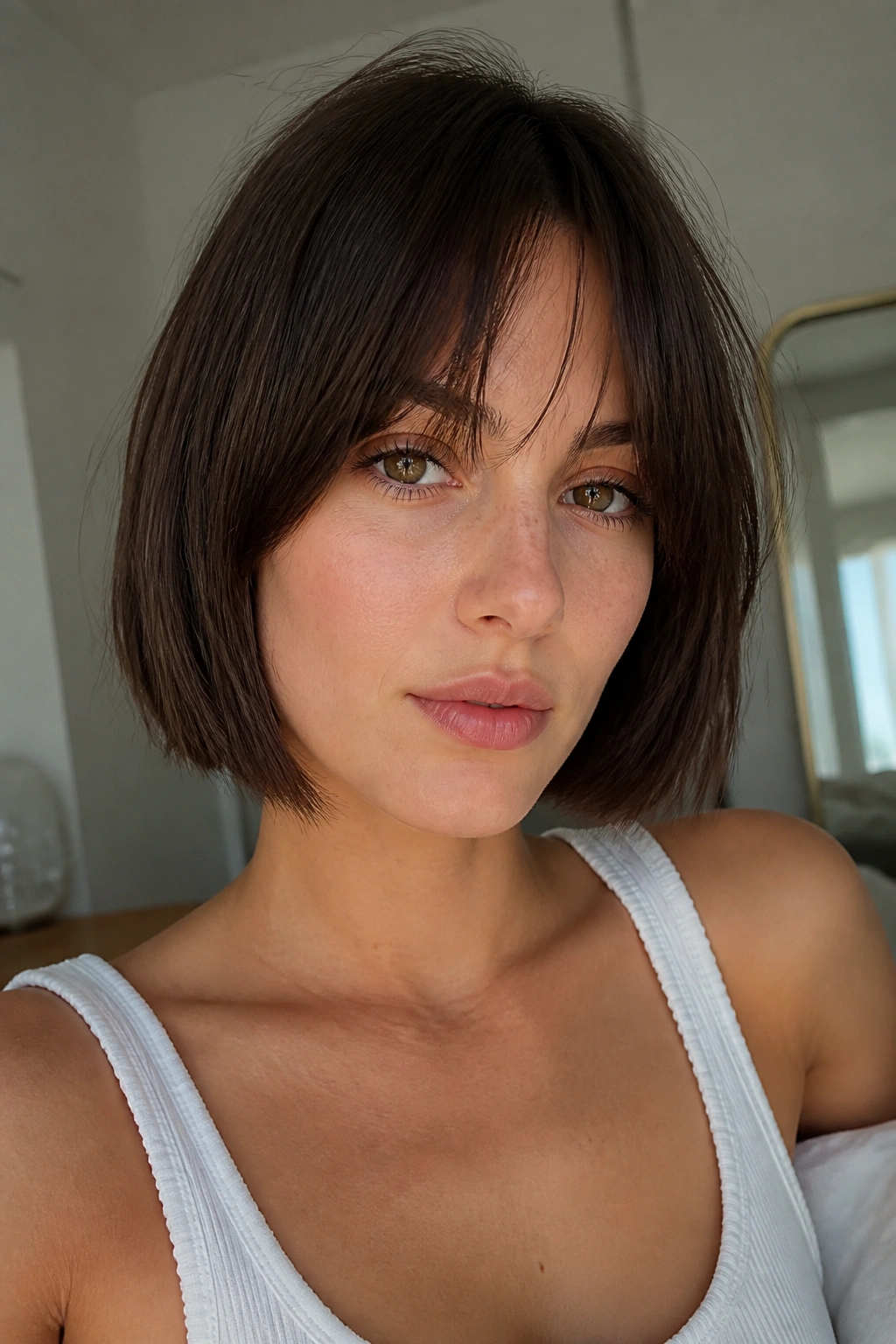 Real person with air-dried bob and bottleneck bangs in natural daylight