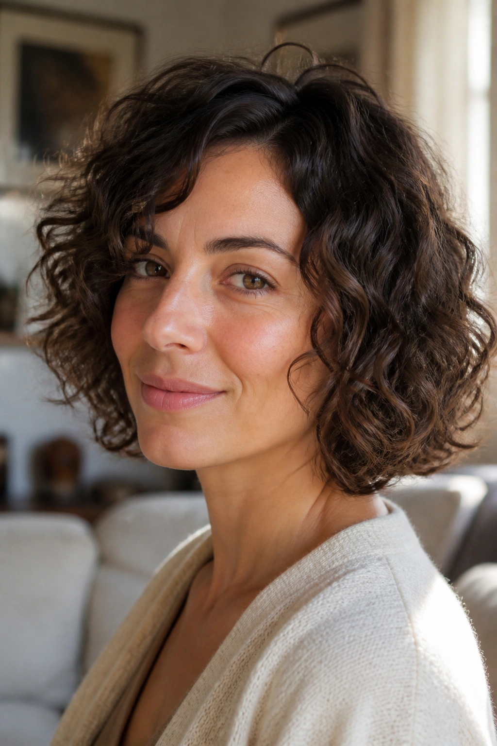 Close-up of a real woman with an air-dried bob and natural curl pattern in diffused daylight