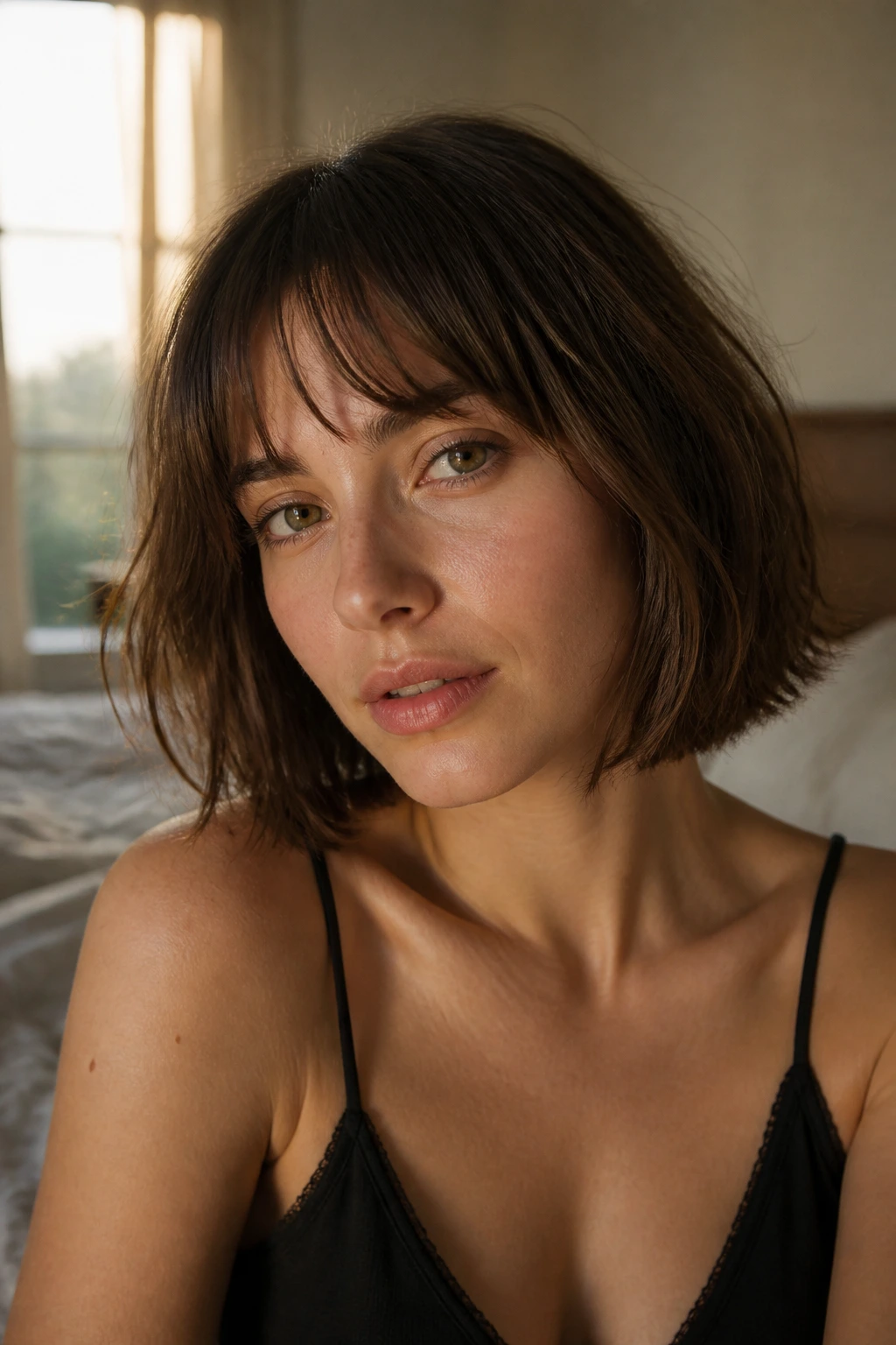 Close-up of a real woman with an air-dried French bob and natural fringe in a sunlit bedroom