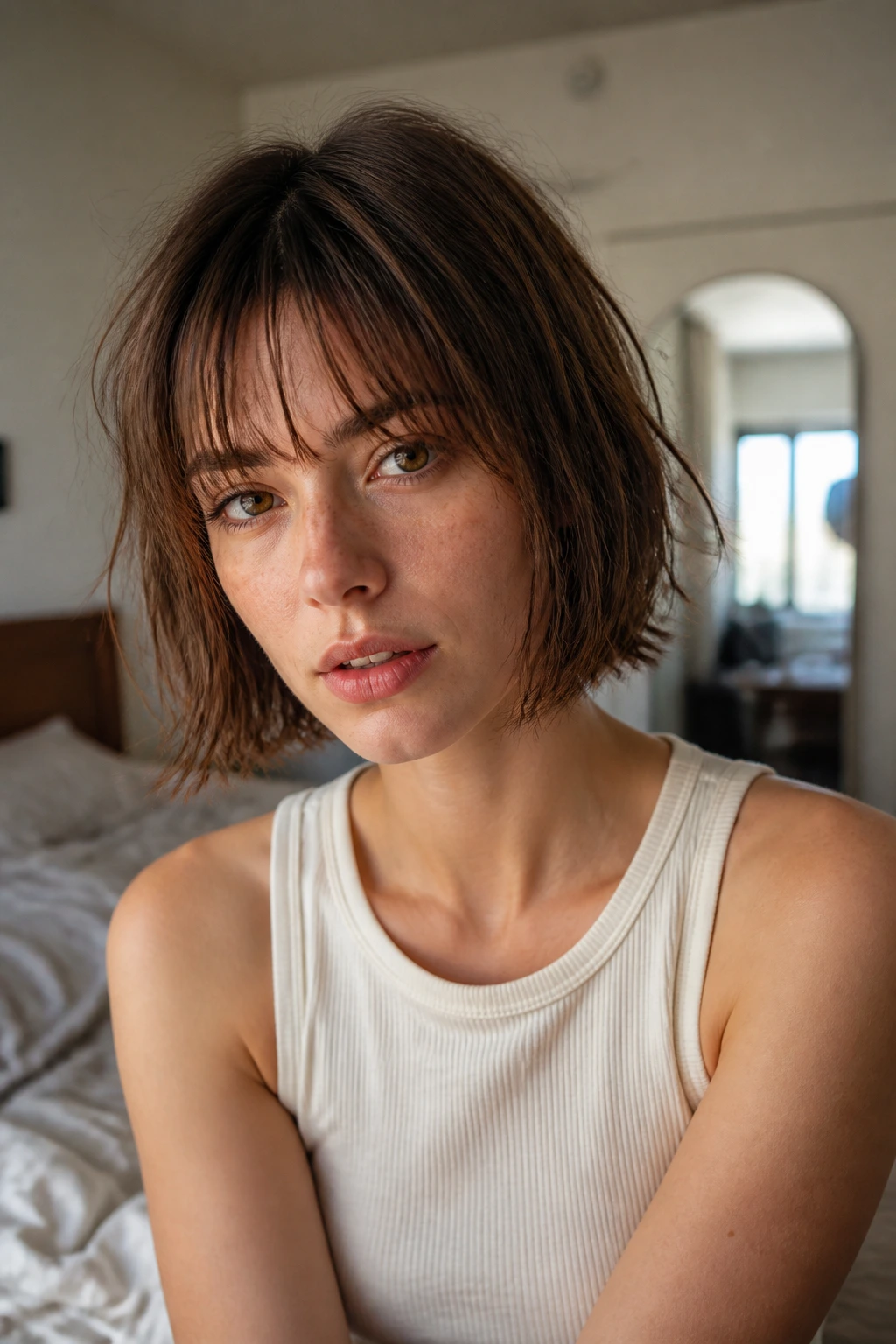 Close-up portrait of a real person with an air-dried chin-length bob and piecey bangs in natural daylight
