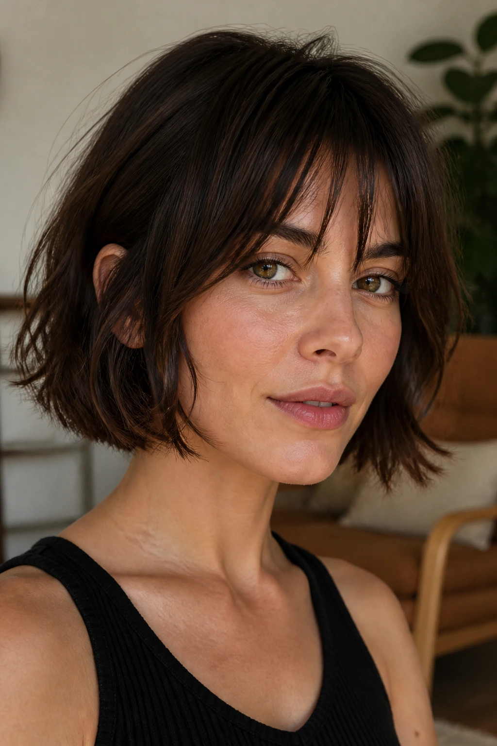 Real woman with air-dried Italian bob and piecey bangs in a cozy living room