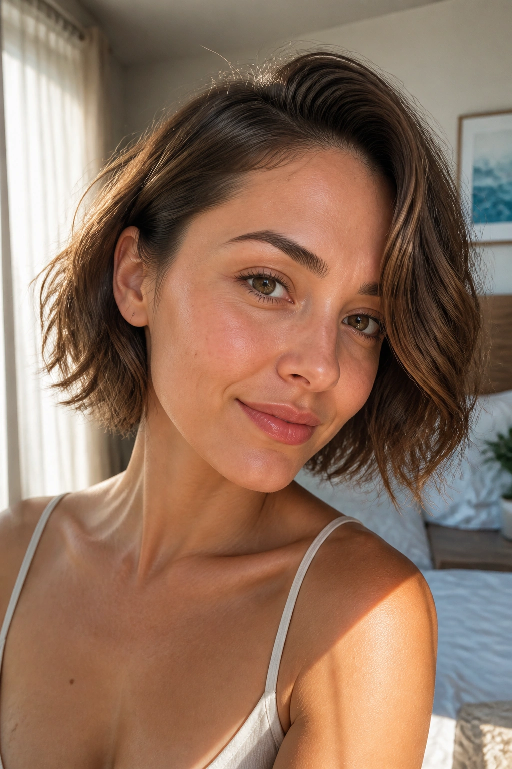 Close-up of a real woman with an air-dried side-part bob and natural waves in sunlit bedroom