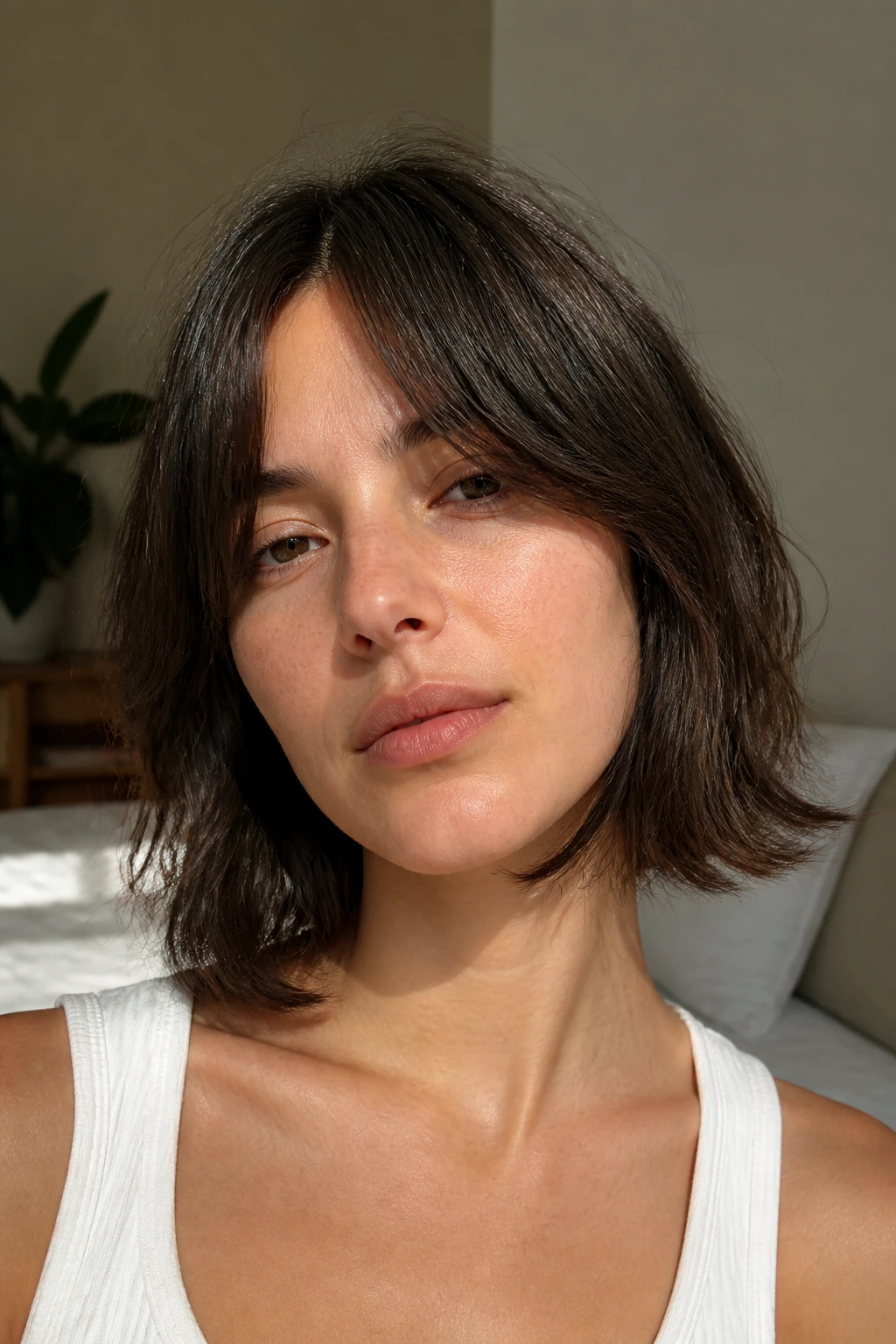 Close-up portrait of a real woman with an air-dried French bob and split bangs in warm window light