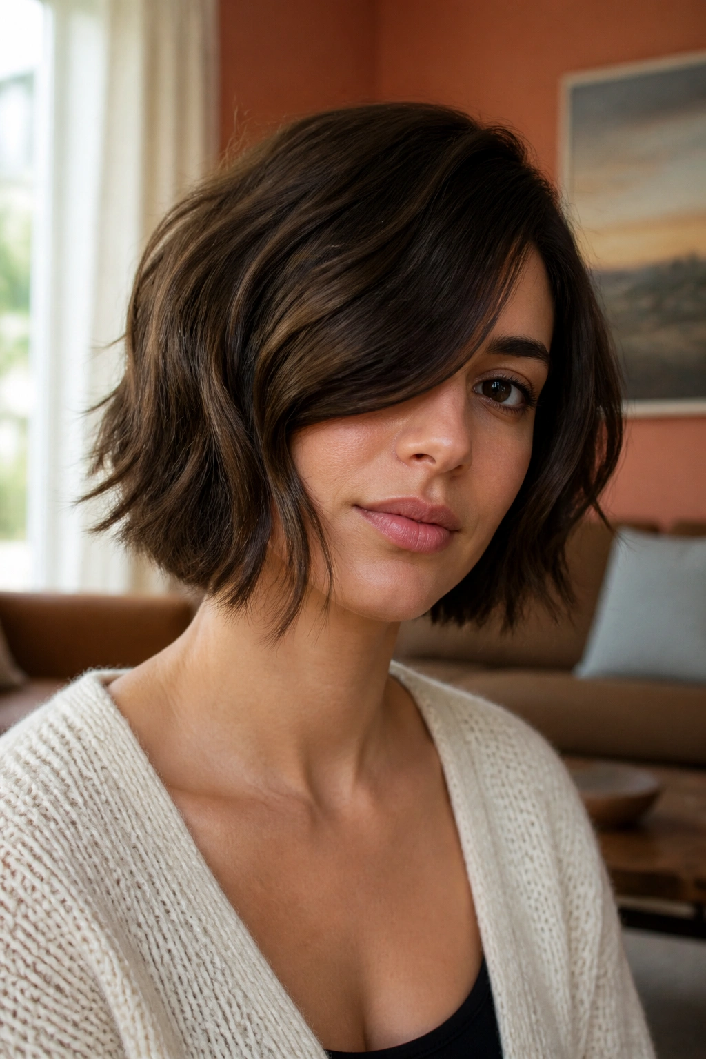 Close-up portrait of a real woman with an air-dried bob and sweeping front.