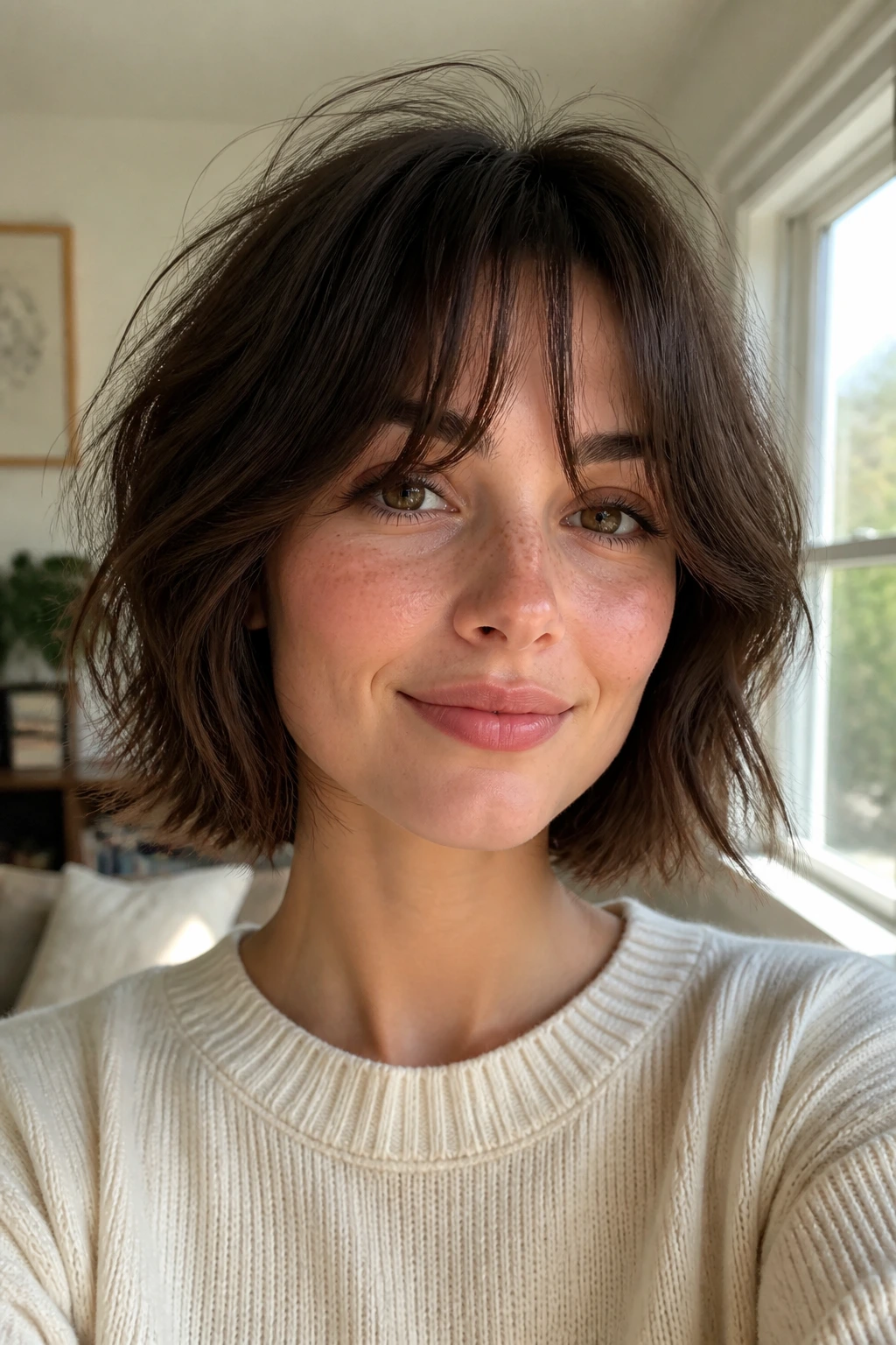 Real woman with textured air-dried bob and loose fringe in natural light.