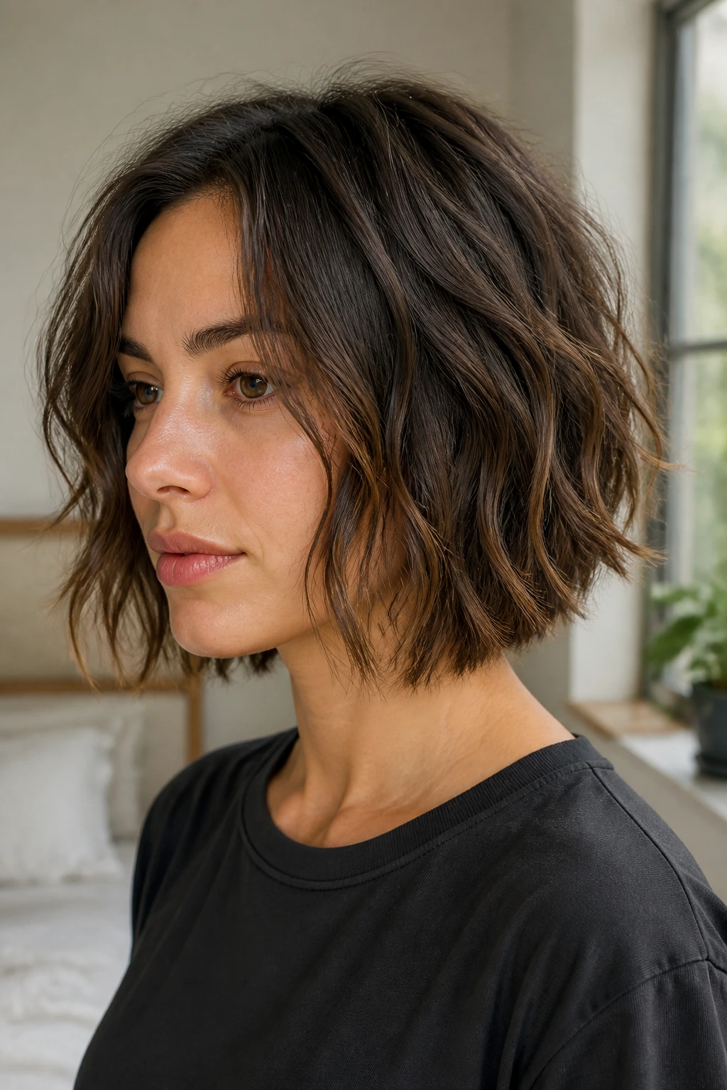Real woman with air-dried choppy bob and natural waves