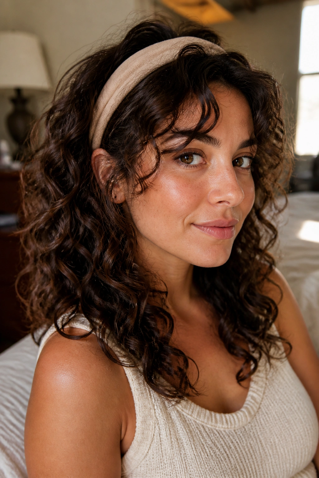 Close-up of a real woman with air-dried layered curls and a soft headband