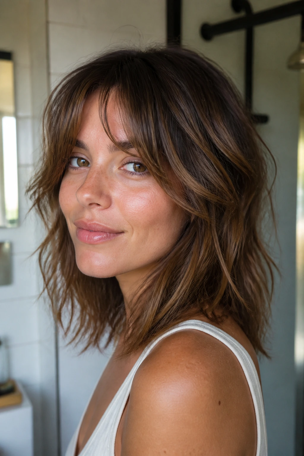 Close-up of a real person with air-dried curtain bangs showing natural texture