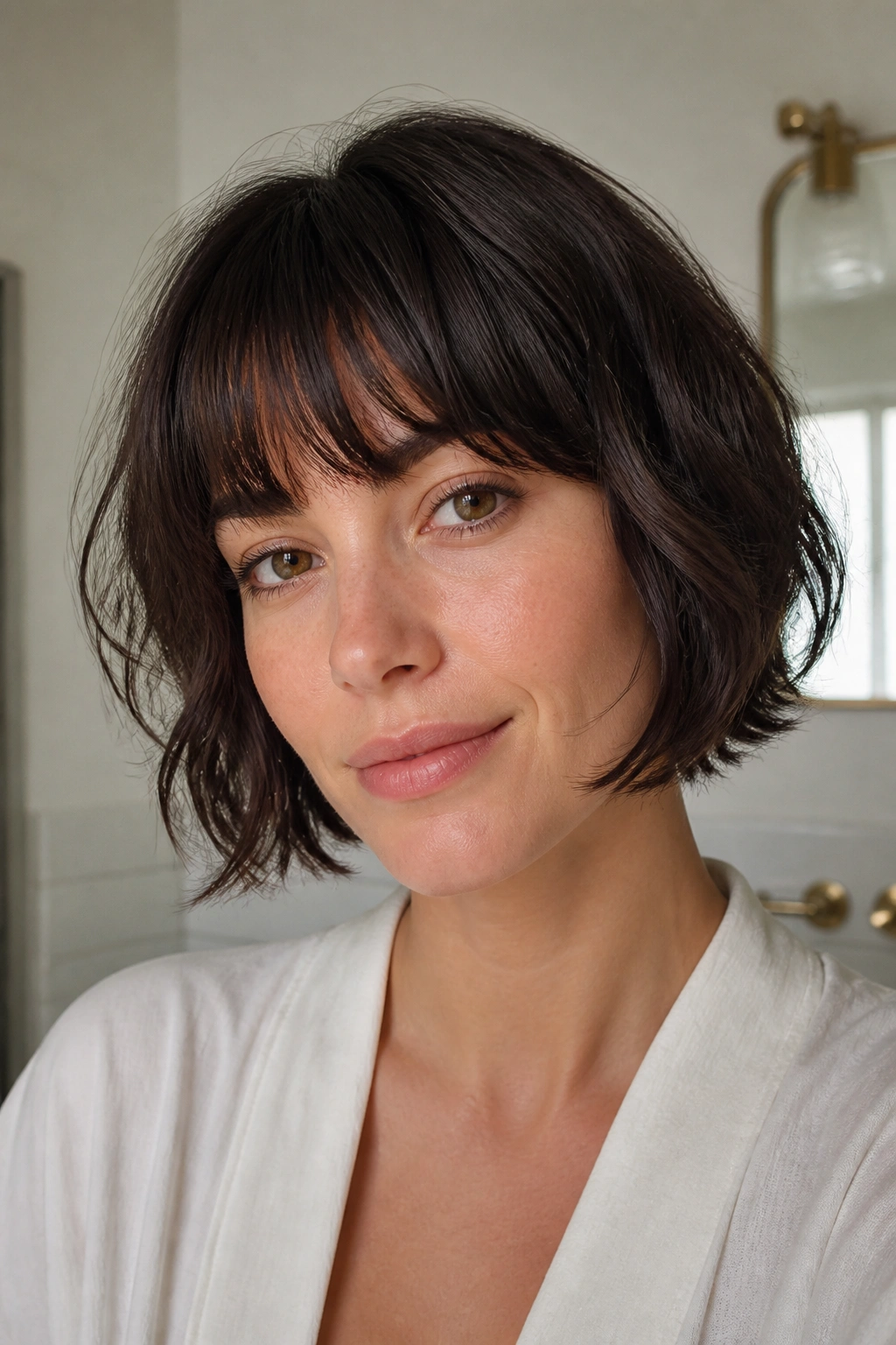 Woman with natural bangs and air-dried bob in a bright bathroom
