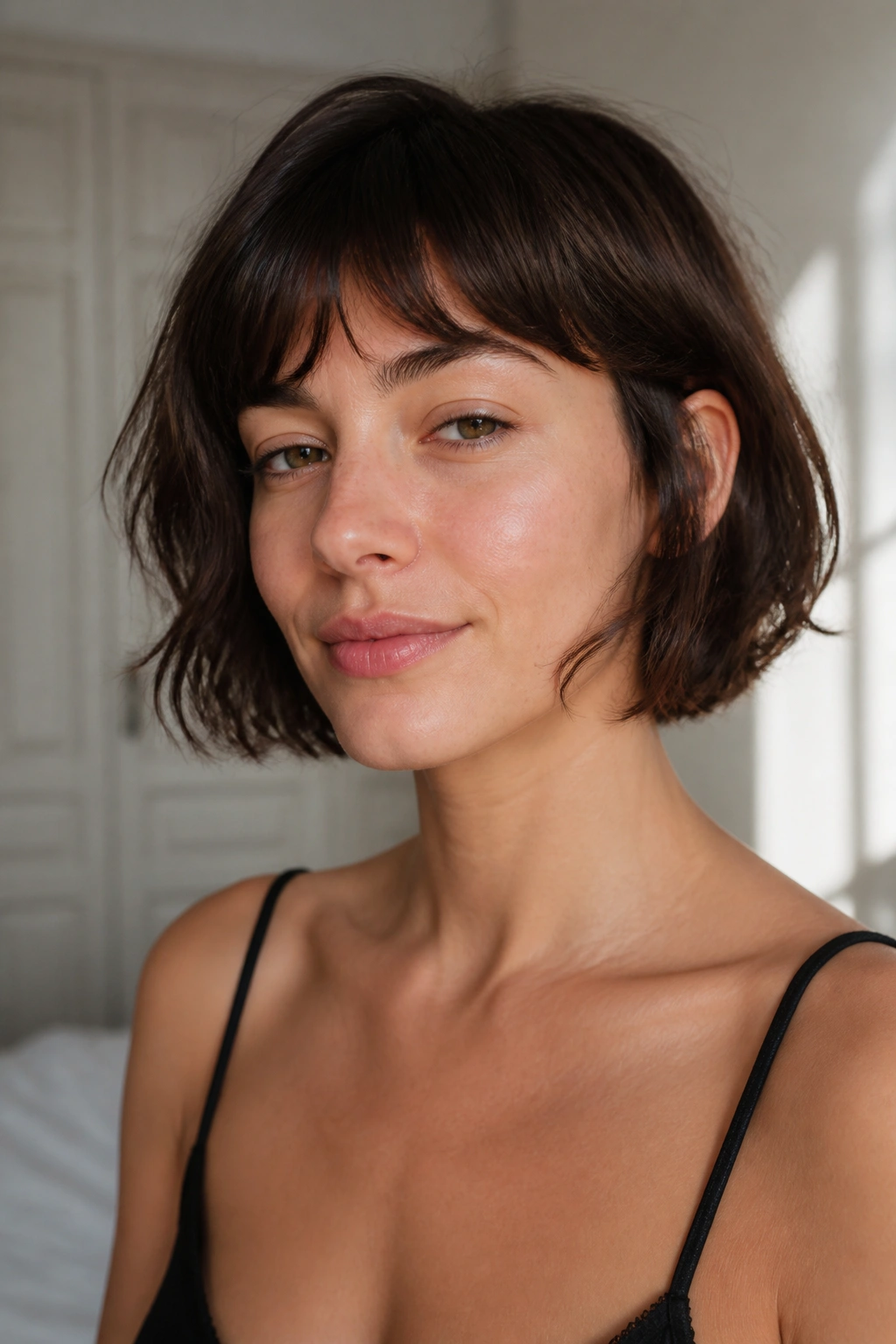 Real woman with air-dried French bob showing natural texture